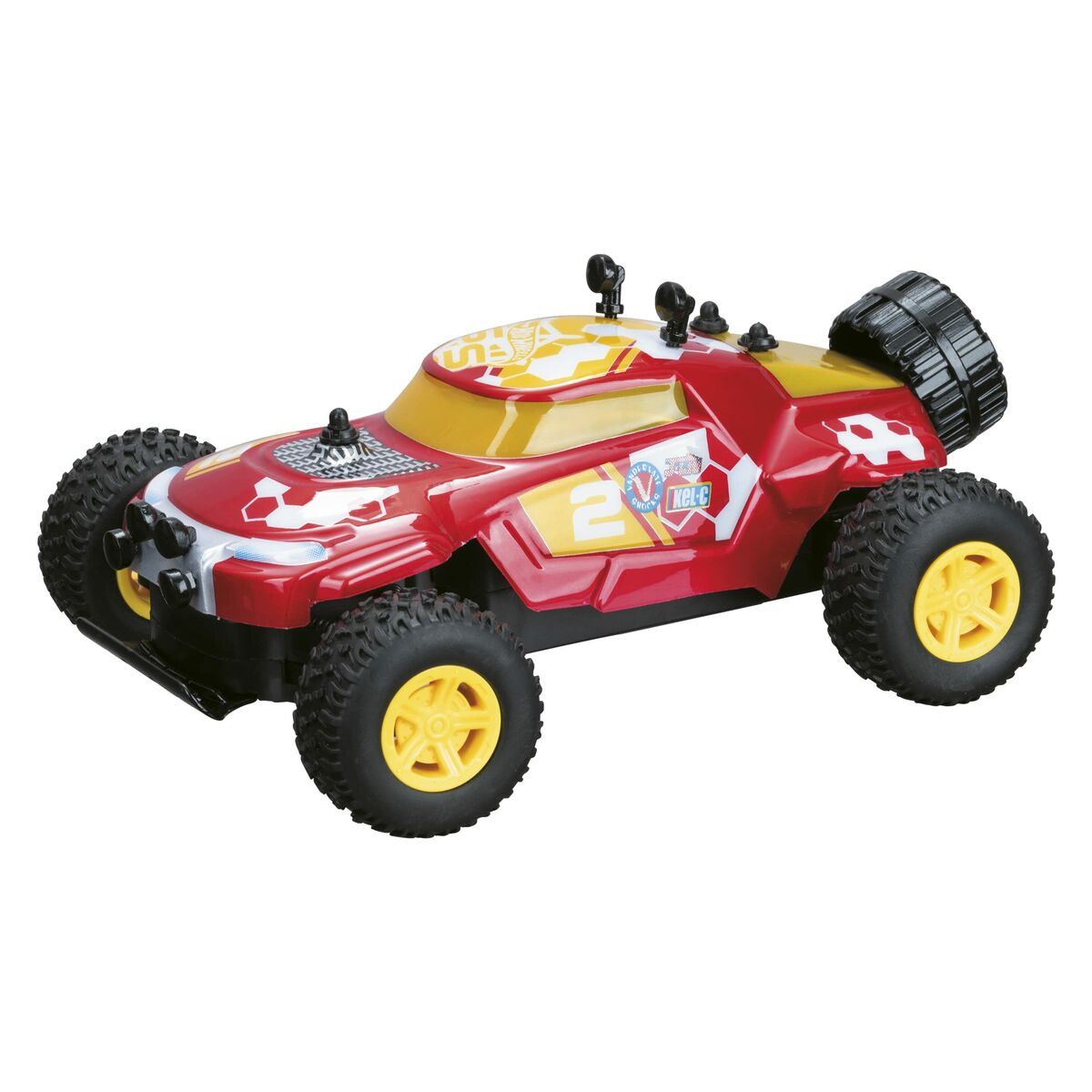 Un coche de juguete rojo y amarillo con ruedas negras se muestra sobre un fondo blanco.