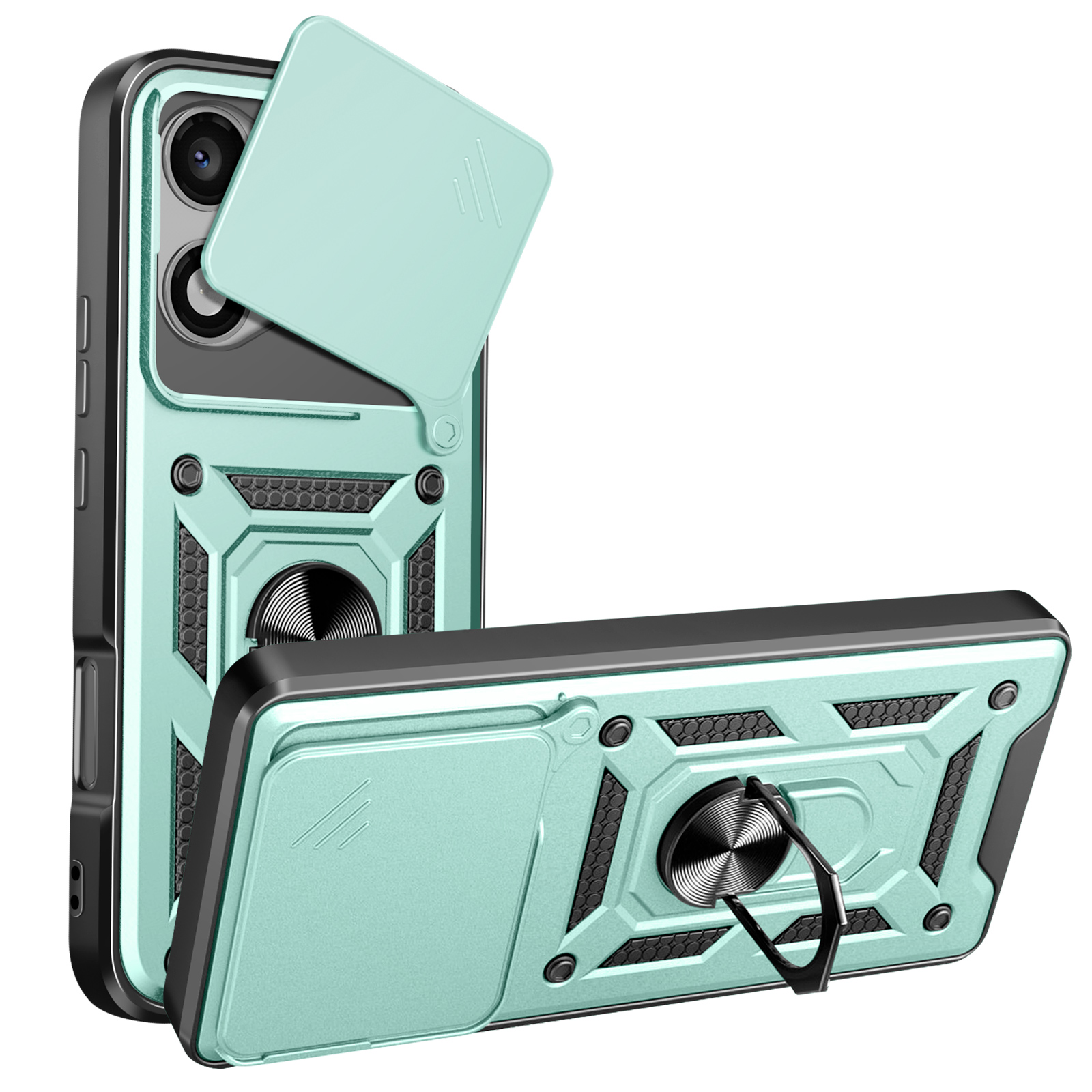 Due custodie per telefono, una sul telefono e una separata, entrambe verde menta, con dettagli neri e un portanello.