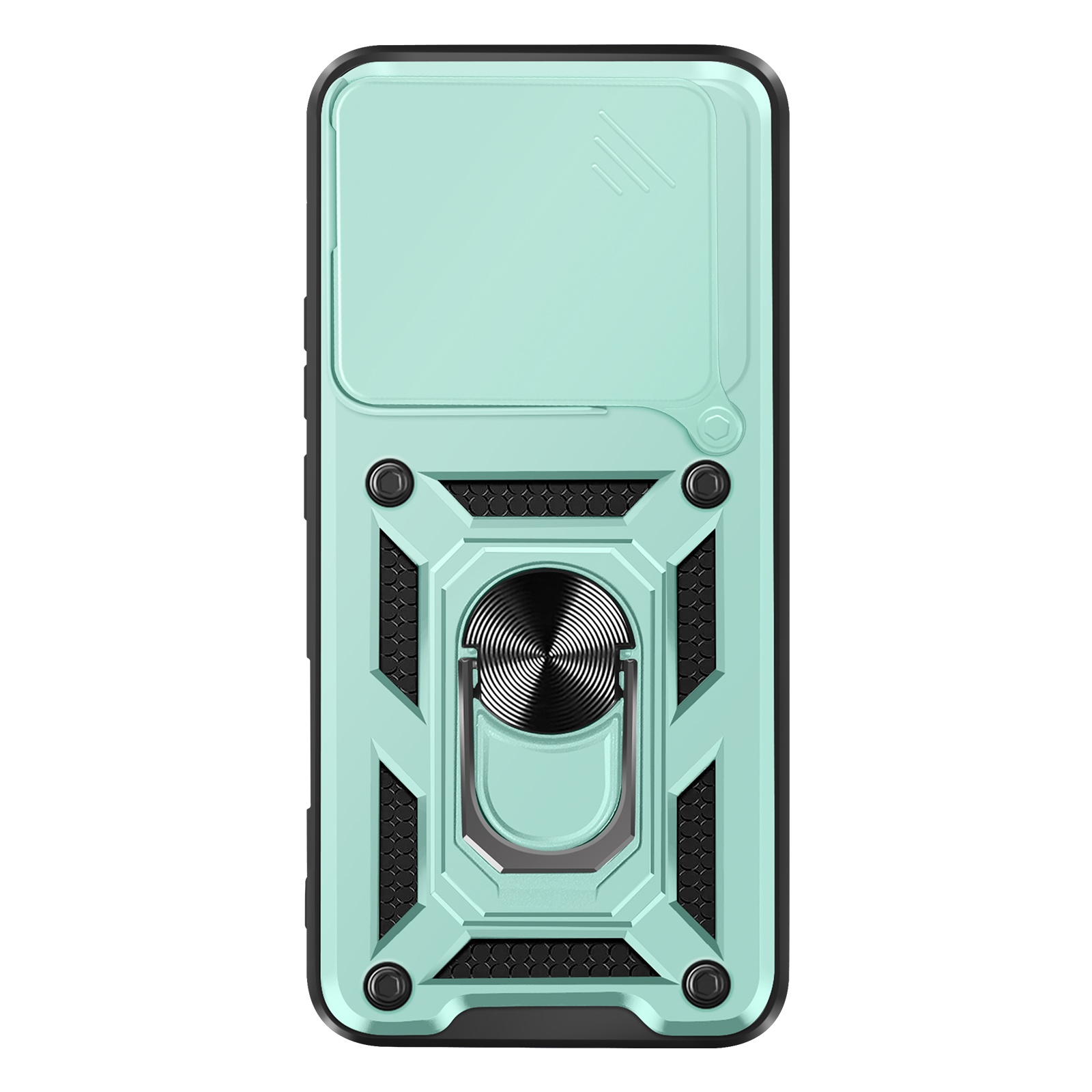 Una custodia per telefono verde menta con protezione della fotocamera e un supporto ad anello sul retro.