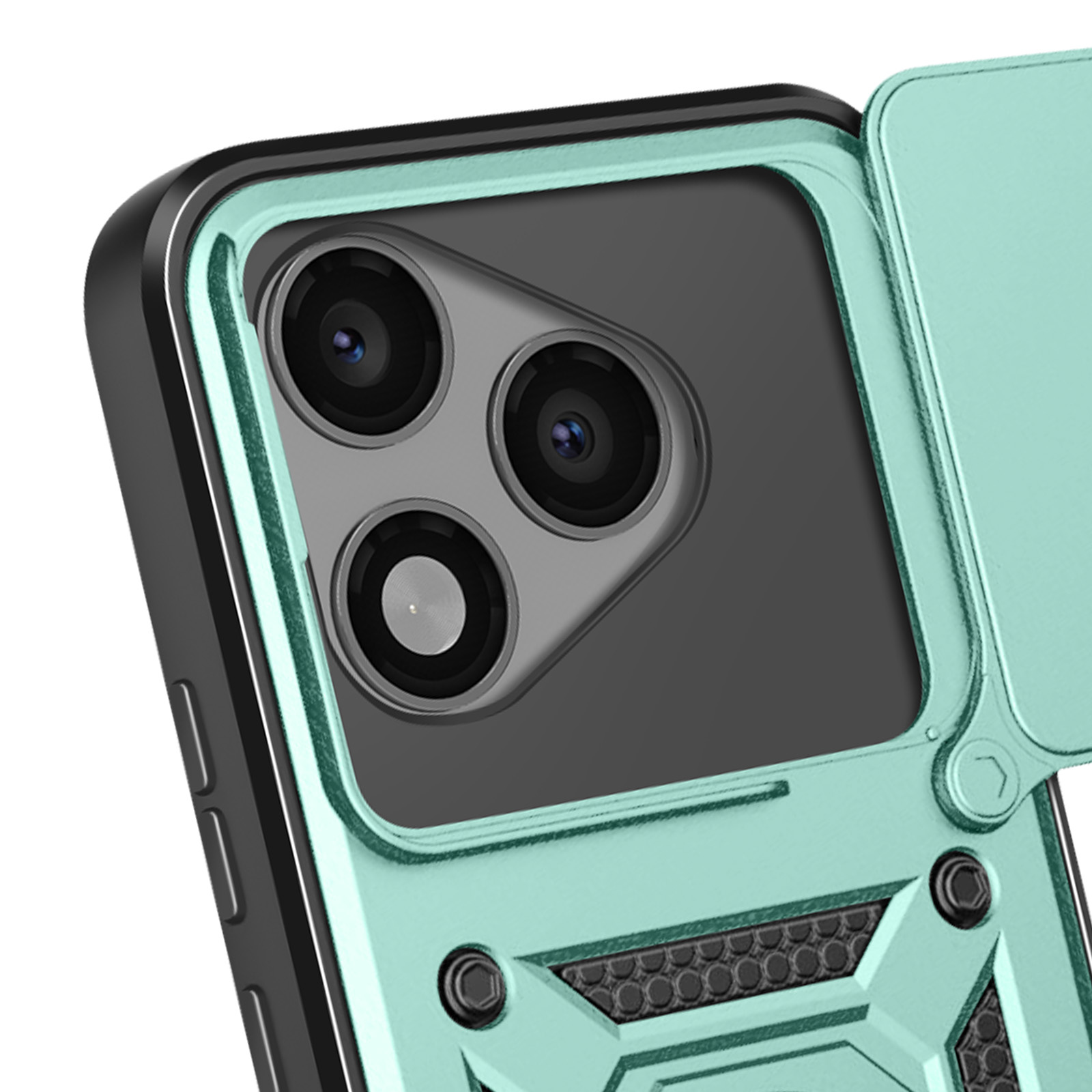 Primo piano di una custodia per telefono con tre obiettivi. La custodia è verde menta e nera. Un coperchio è aperto.