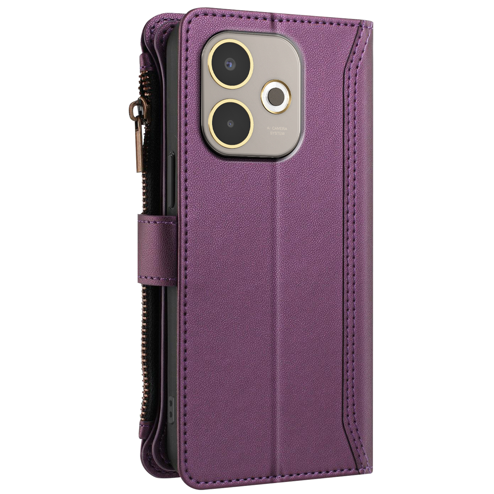 Custodia per telefono viola, chiusa. È un modello a portafoglio con cerniera e ritaglio per la fotocamera. Le cuciture sono visibili.