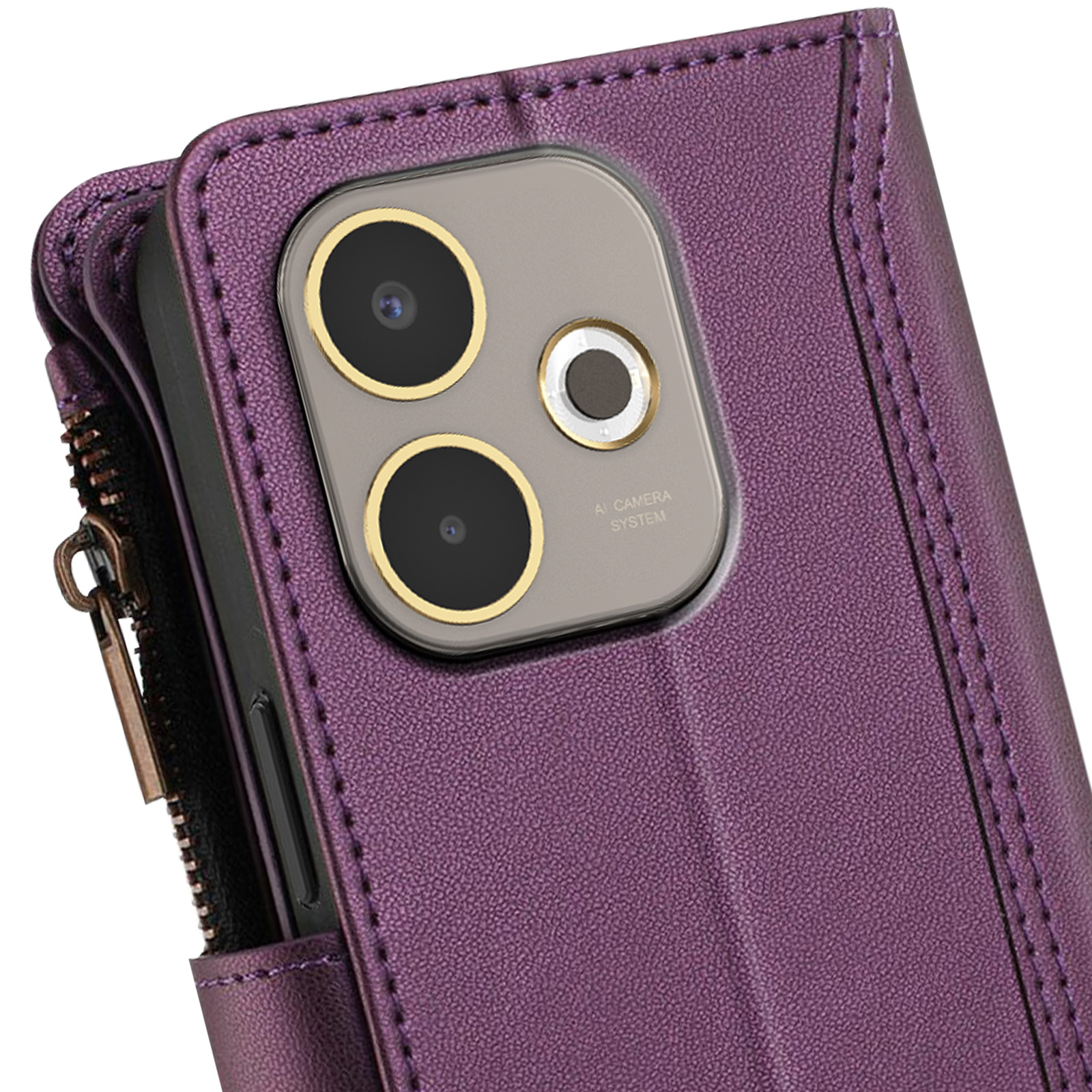 Portafoglio per telefono viola, fotocamera visibile. Cerniera, tre obiettivi e cerniera dorata.