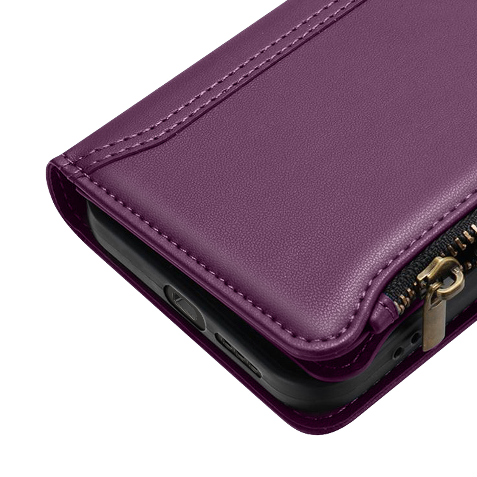 Portafoglio per telefono viola con cerniera. Il telefono è all'interno. Il portafoglio ha delle cuciture.