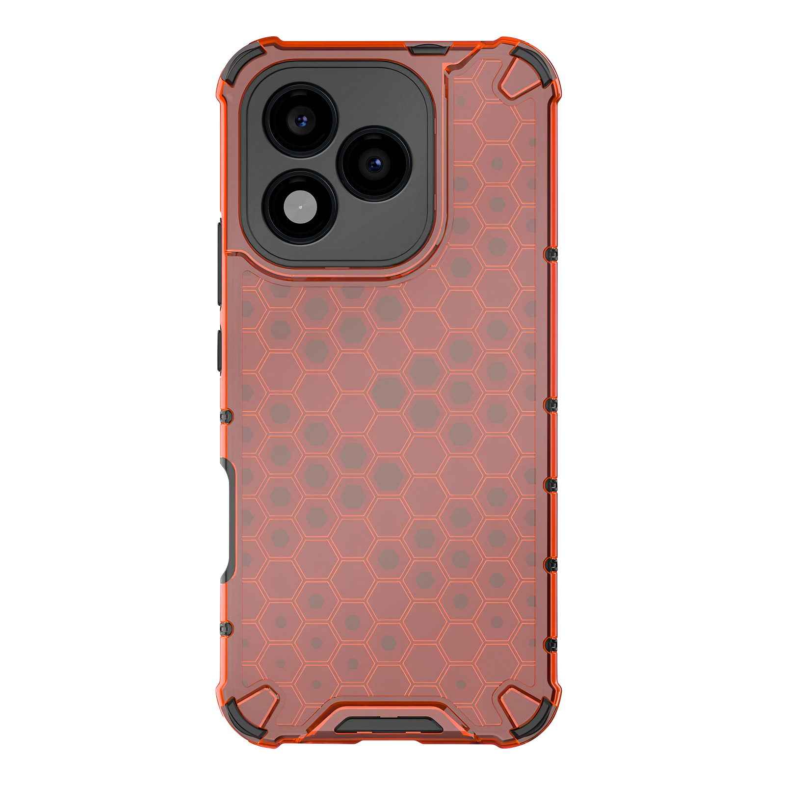 Custodia per telefono con motivo a nido d'ape rosso. La custodia ha bordi neri. Le lenti della fotocamera sono visibili.