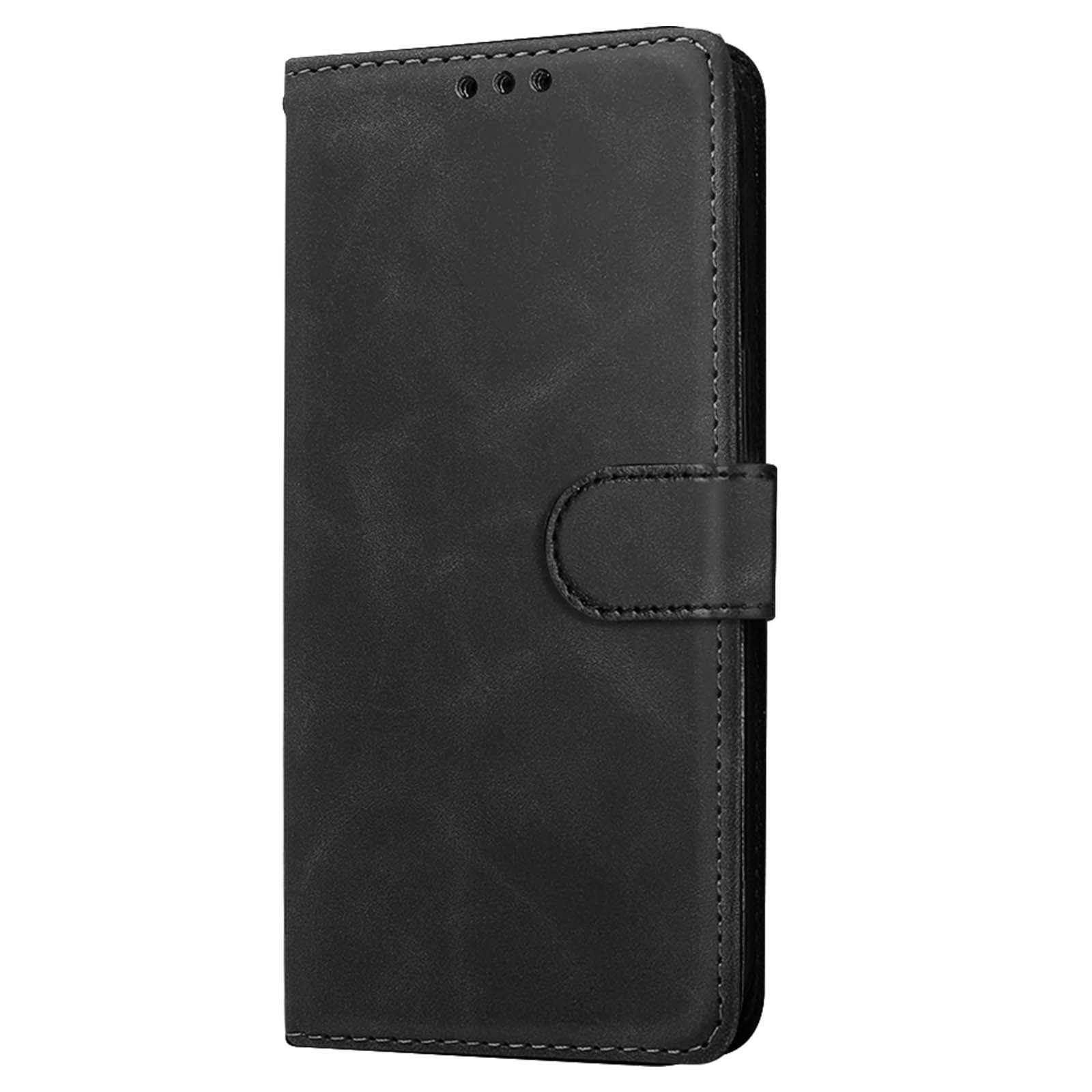 Custodia per telefono nera chiusa. Ha una chiusura magnetica. Sembra essere fatta di pelle.
