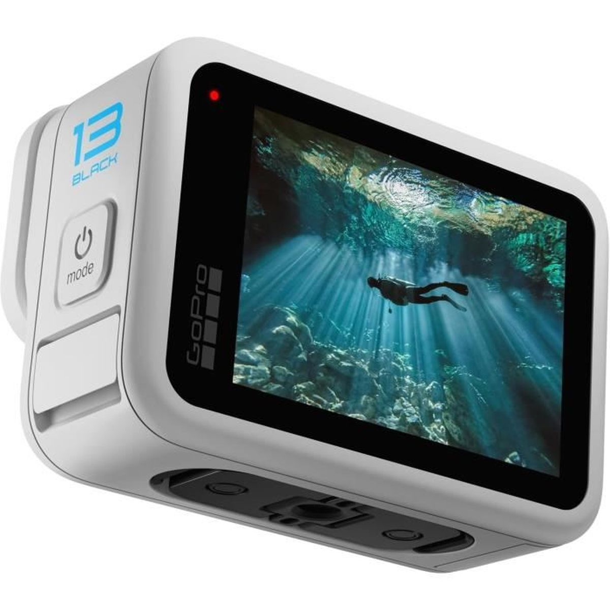 Eine weiße GoPro-Kamera. Der Bildschirm zeigt eine Person, die unter Wasser schwimmt. Es gibt Knöpfe an der Seite.