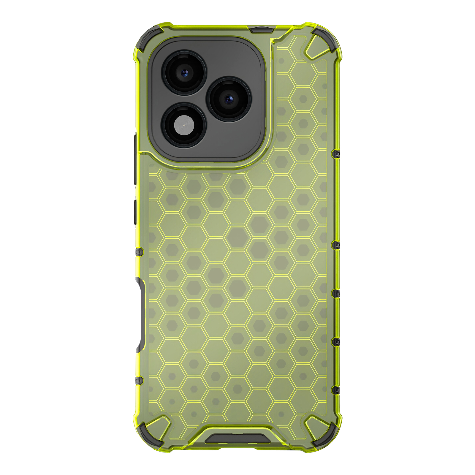 Una custodia per telefono con motivo a nido d'ape. La custodia ha un telaio nero e tre ritagli per la fotocamera.