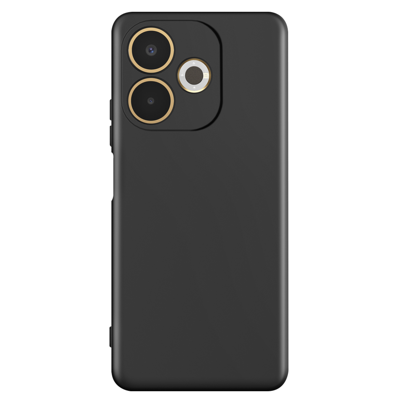 Un telefono nero con tre lenti dorate sul retro e un anello bianco sporco.