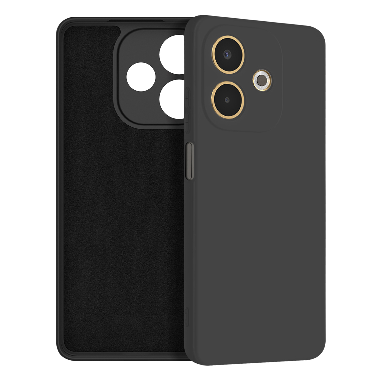 Una custodia per telefono nera con un ritaglio per la fotocamera. L'interno è nero con una trama simile alla pelle scamosciata.