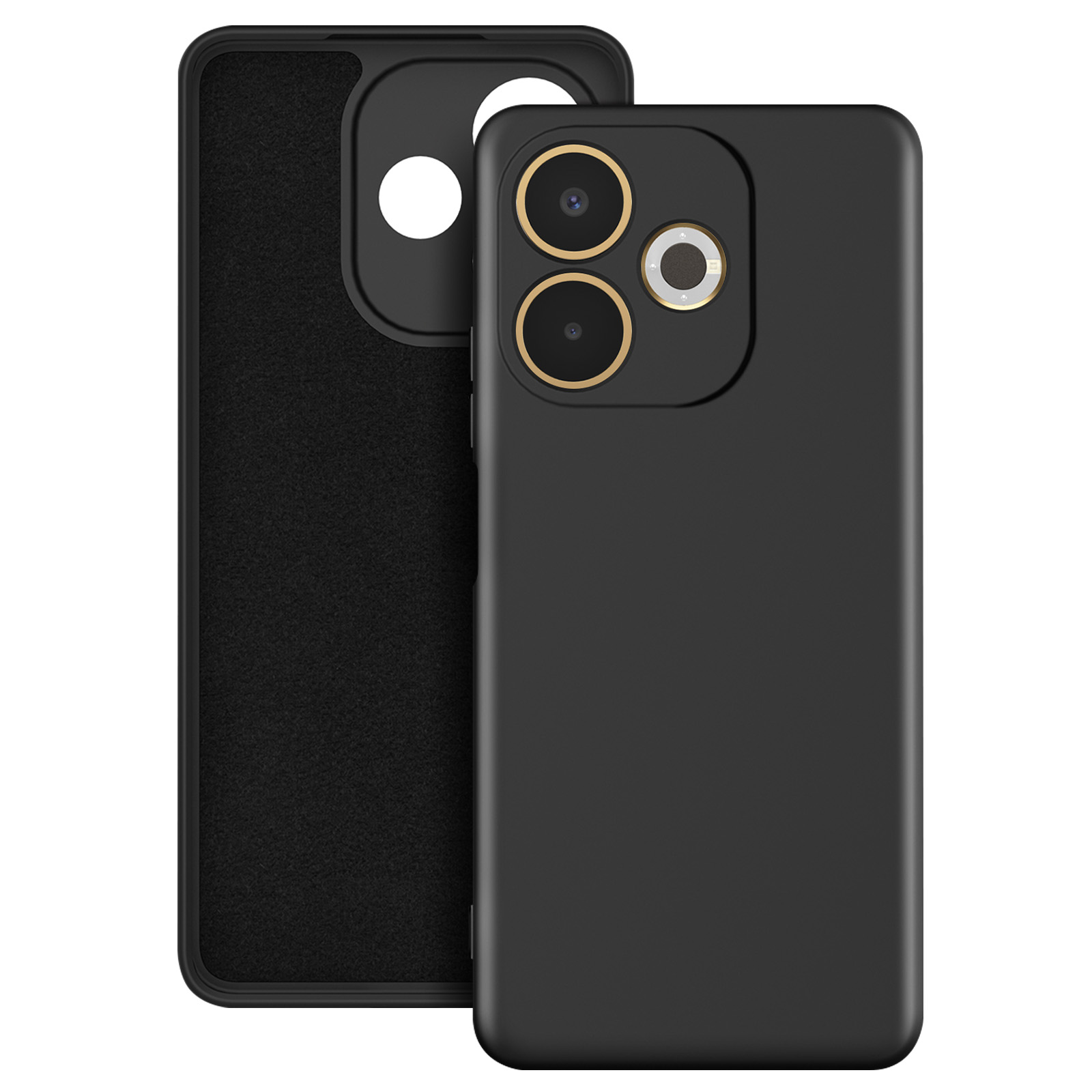 Custodia nera per telefono con fori per fotocamera. Due custodie, una aperta e una chiusa.