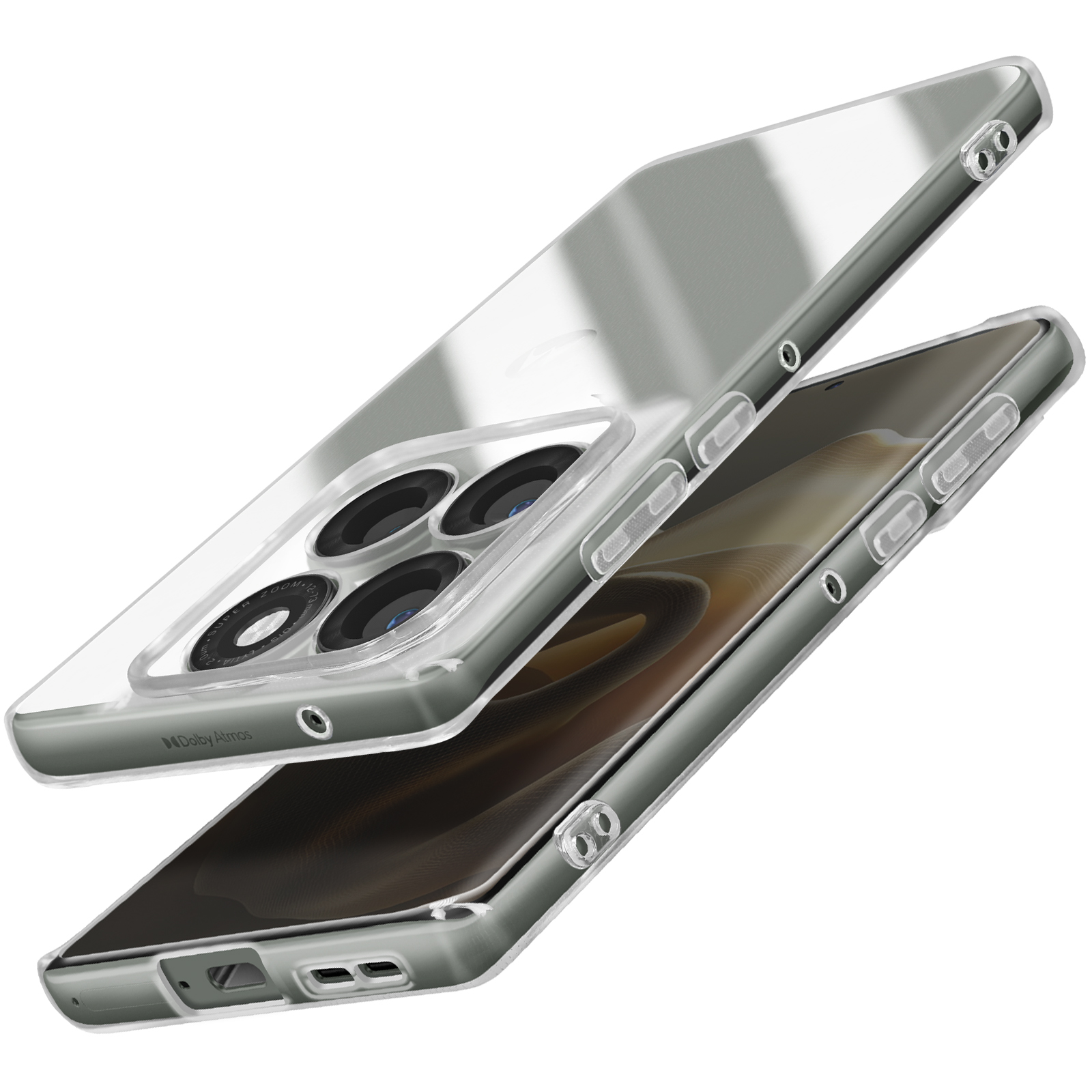 Een close-up van een telefoon in een transparante hoes. De telefoon heeft meerdere cameralenzen en een gebogen scherm.