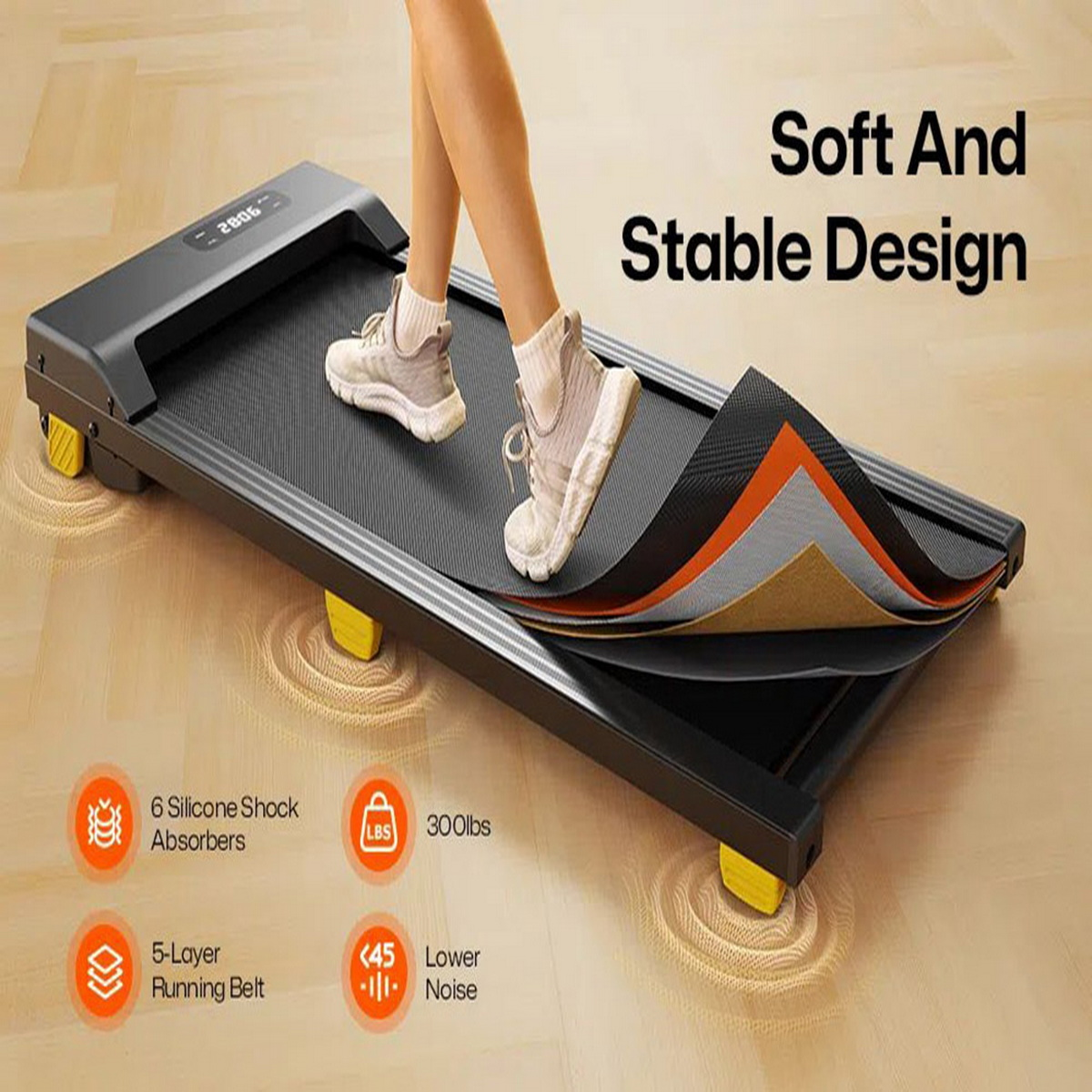 Osoba idąca po bieżni. Tekst mówi: 'Miękki i stabilny design' i cechy.