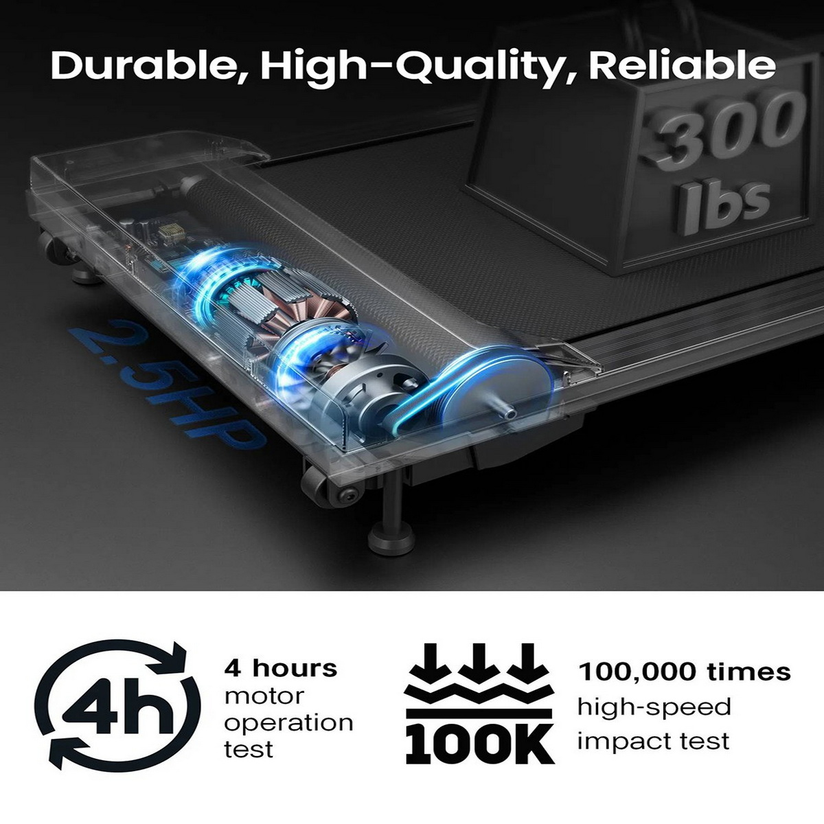 Przezroczysta bieżnia pokazująca silnik i części wewnętrzne, z tekstem i ikonami.