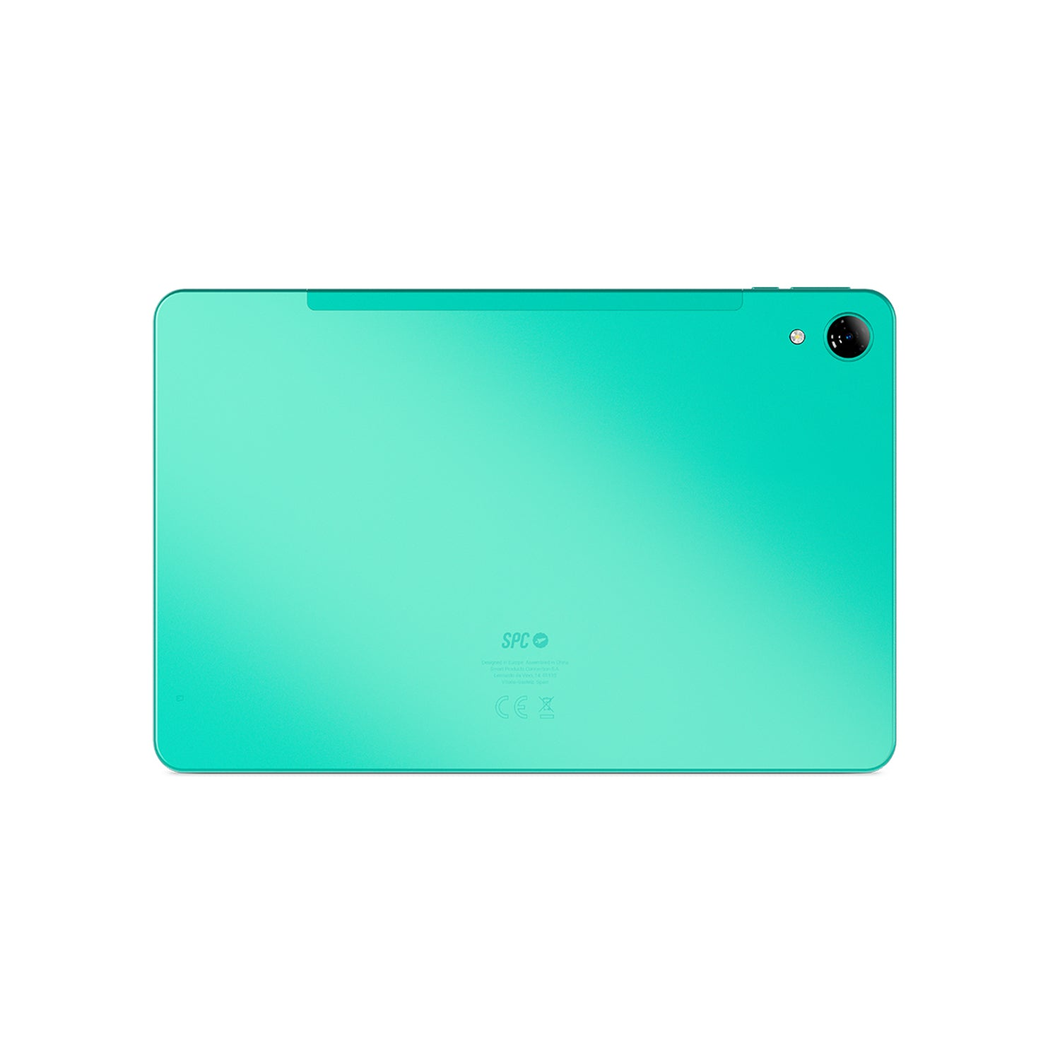 Vista posteriore di un tablet turchese, che mostra la fotocamera e il logo SPC, con uno sfondo bianco. Il tablet ha una cornice nera.