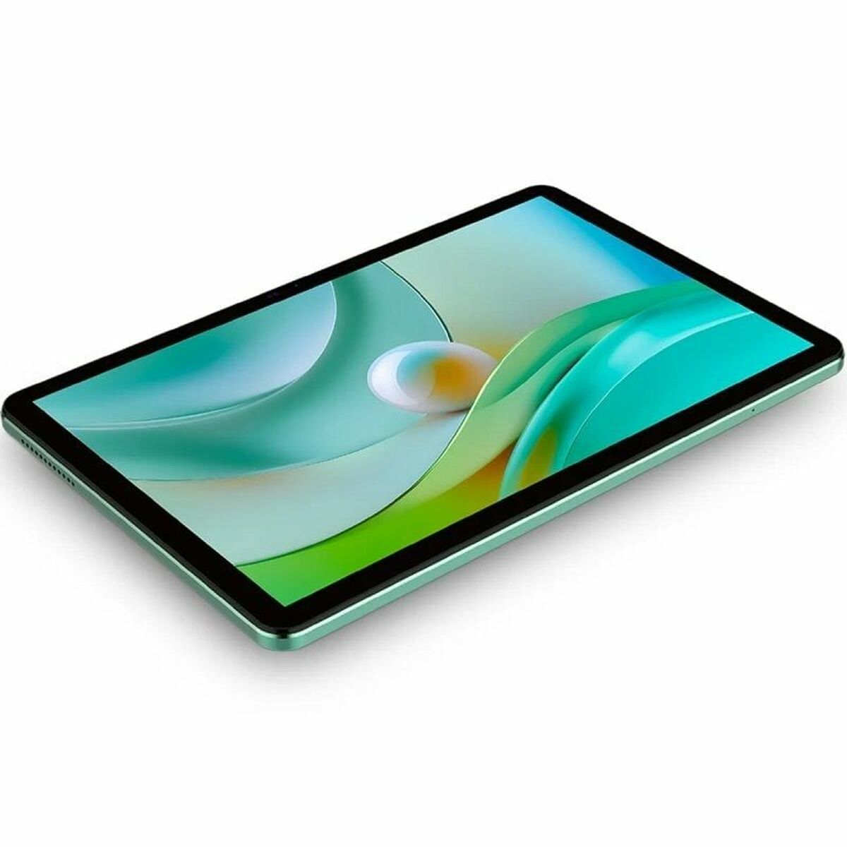 Tablet con cornice nera, che mostra un'immagine astratta colorata con una sfera riflettente al centro.
