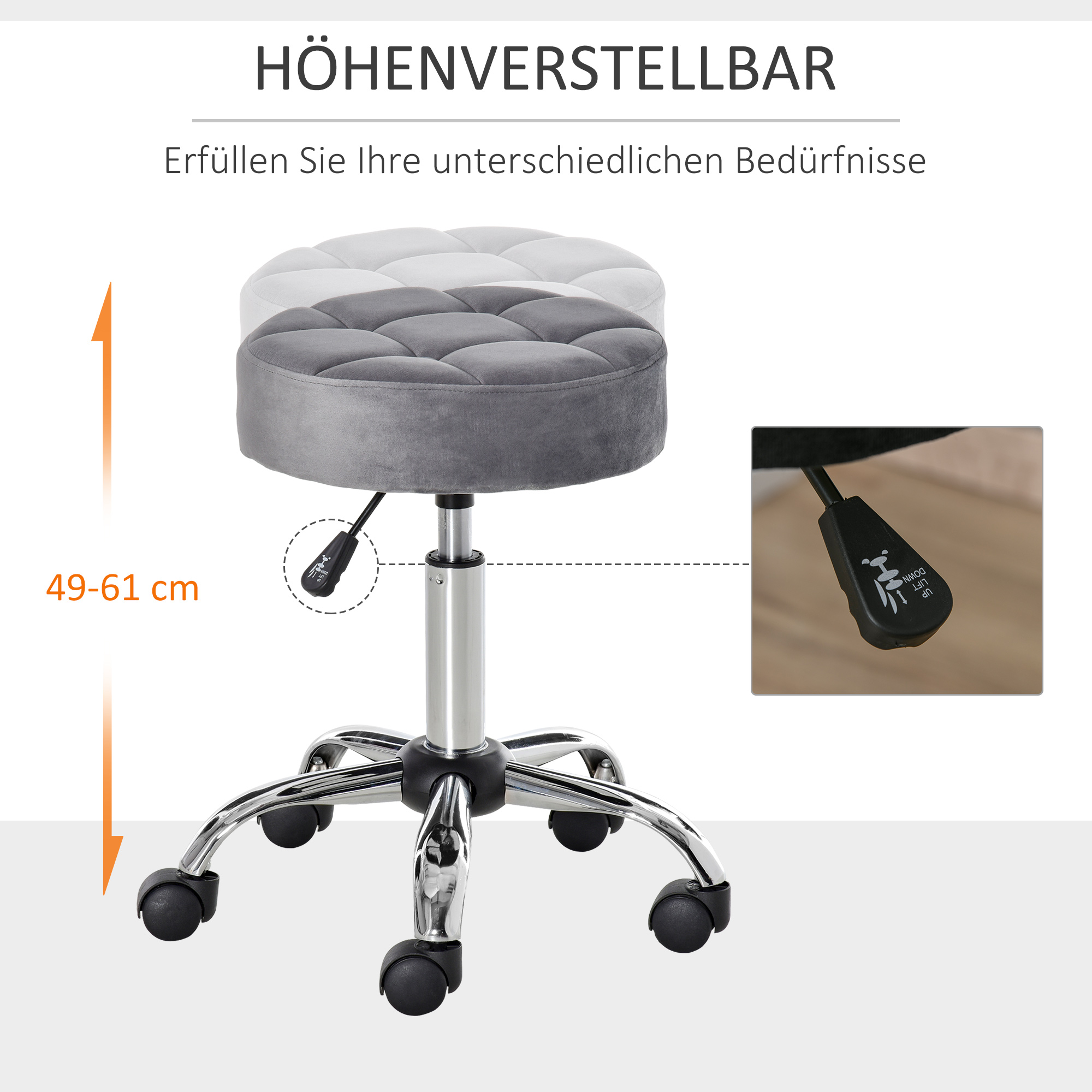 Grauer Hocker mit Chromfuß, Rädern und rundem Sitz. Er ist höhenverstellbar, durch einen Pfeil angezeigt.