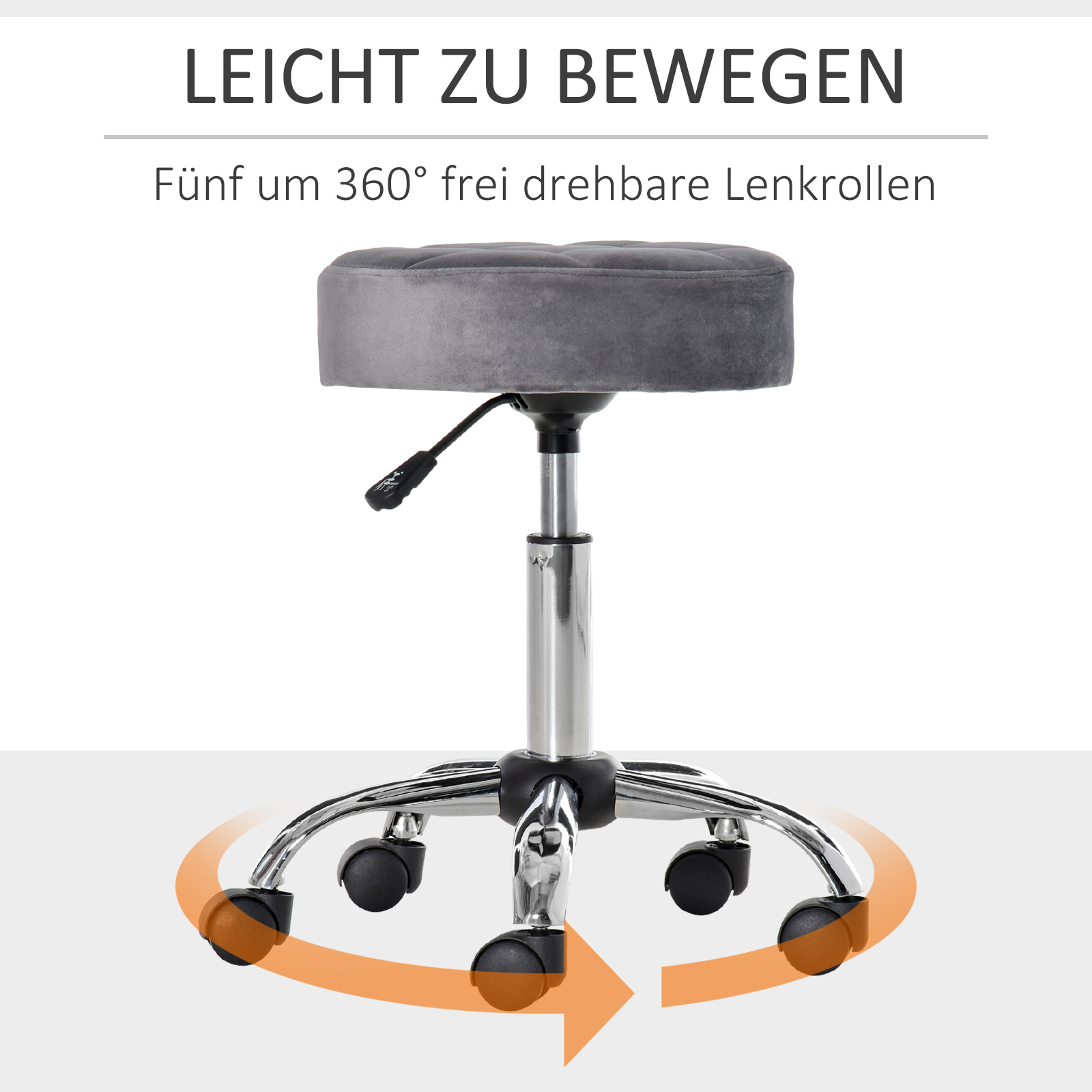 Grauer, runder Sitz auf Chrombasis mit fünf Rädern. Ein orangefarbener Pfeil zeigt die Schwenkbewegung an.