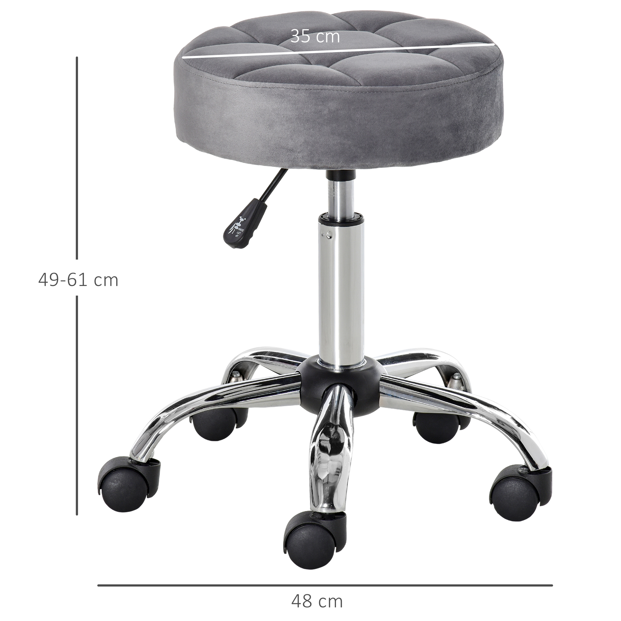 Grauer Hocker mit Chromfuß, Rädern und rundem Sitz. Abmessungen sind markiert, einschließlich Sitzdurchmesser 35cm.