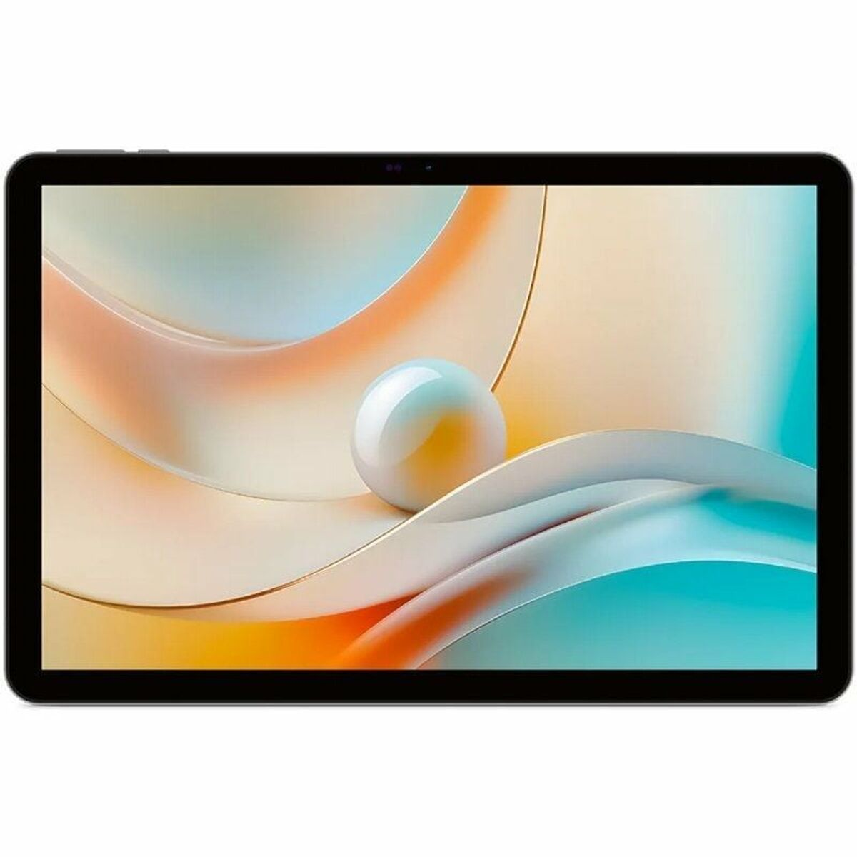 Ein Tablet mit einem Bildschirm, der eine weiße Kugel zeigt, umgeben von teal- und orangefarbenen abstrakten Formen.