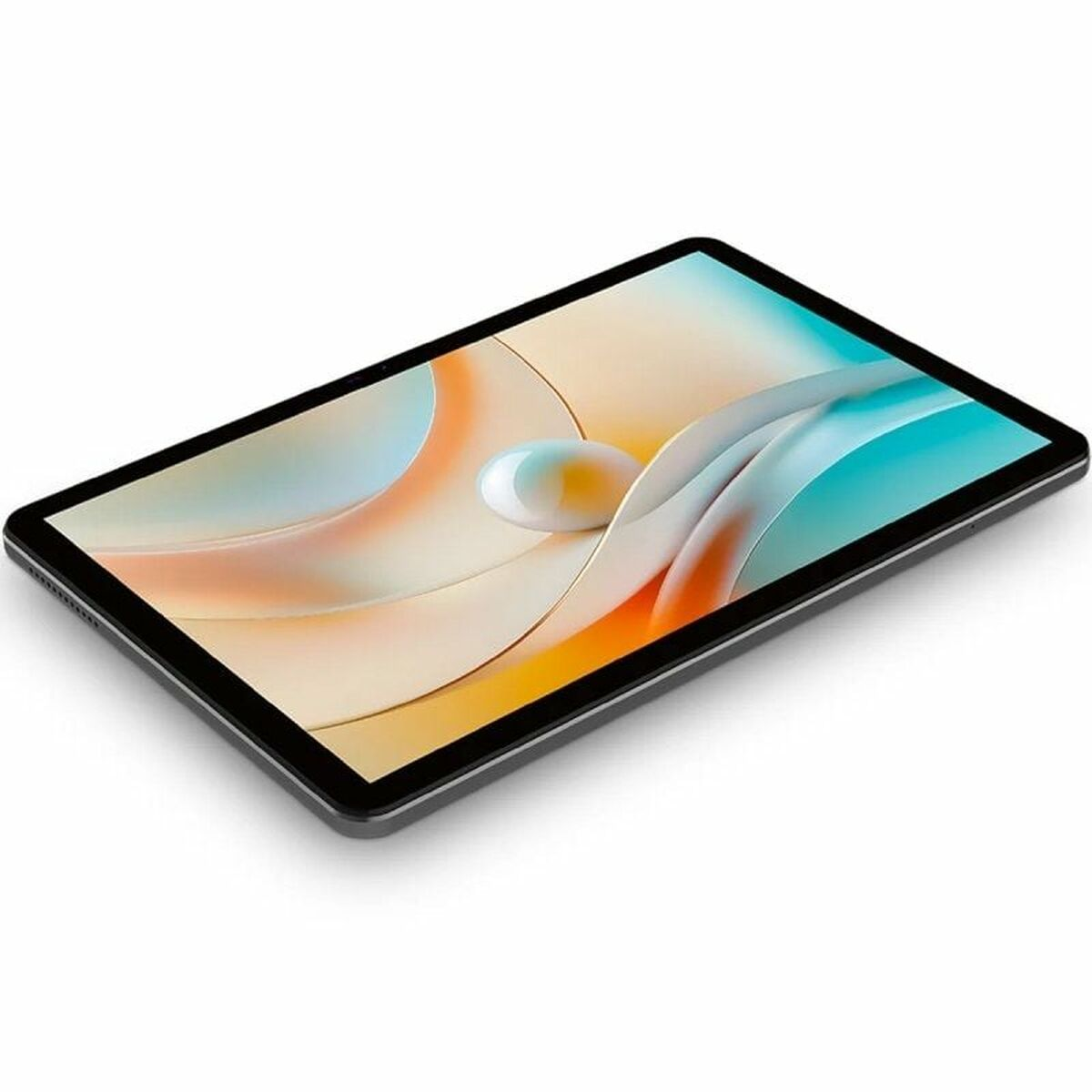 Tablet-Computer mit einem Bildschirm, der abstrakte Formen anzeigt. Das Tablet ist nach oben abgewinkelt. Weißer Hintergrund.