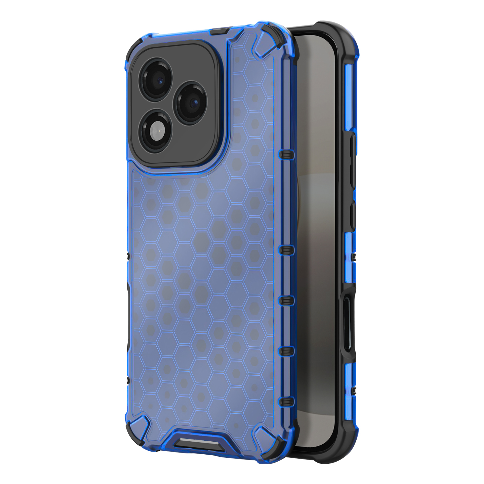 Una custodia per telefono blu con cornice nera e motivo a nido d'ape geometrico.
