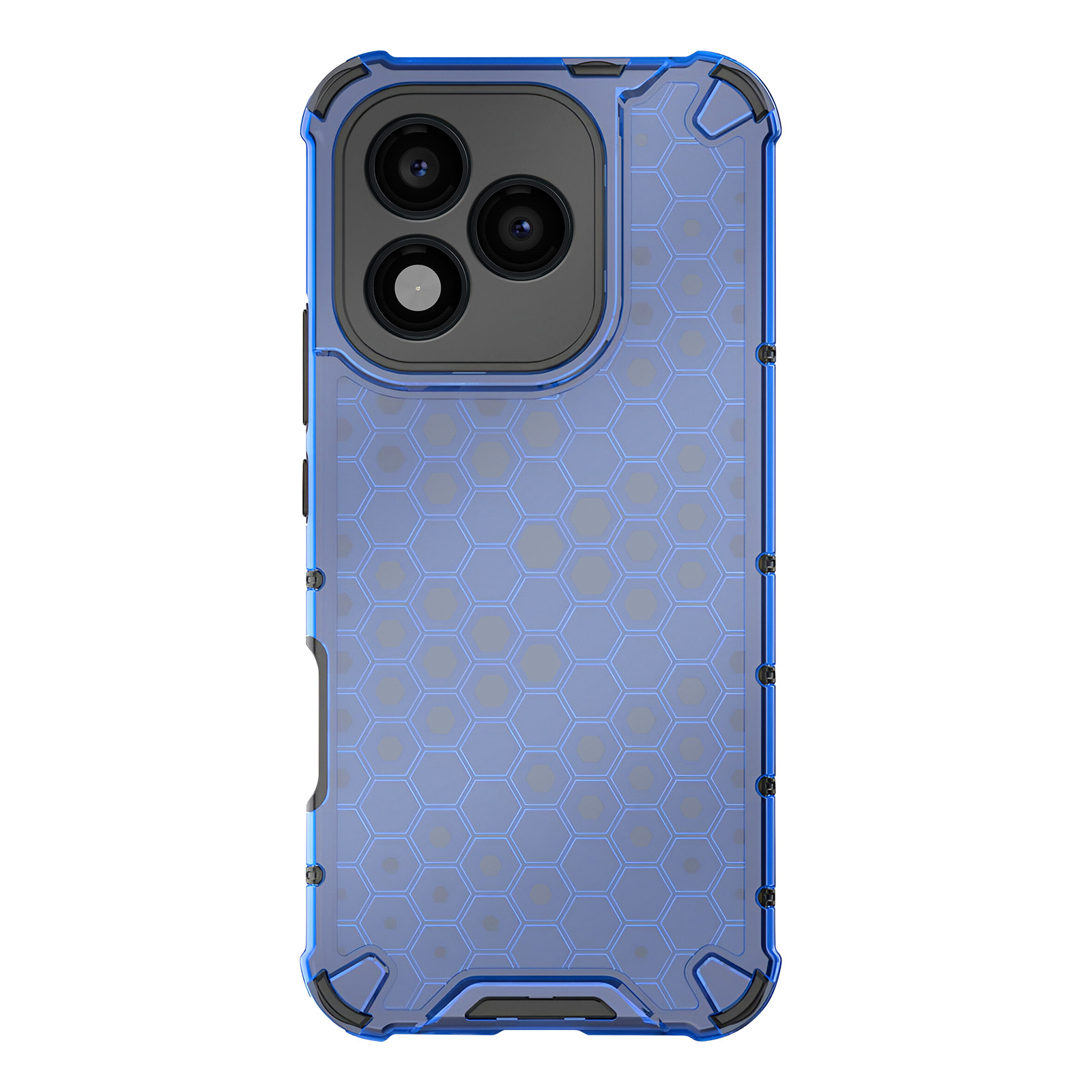 Una custodia blu per telefono con motivo esagonale e ritaglio per la fotocamera, su sfondo bianco.