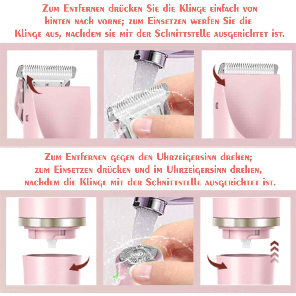 Anweisungen zum Entfernen und Einsetzen eines Rasiererkopfes. Bilder zeigen den Vorgang mit Text auf Deutsch.