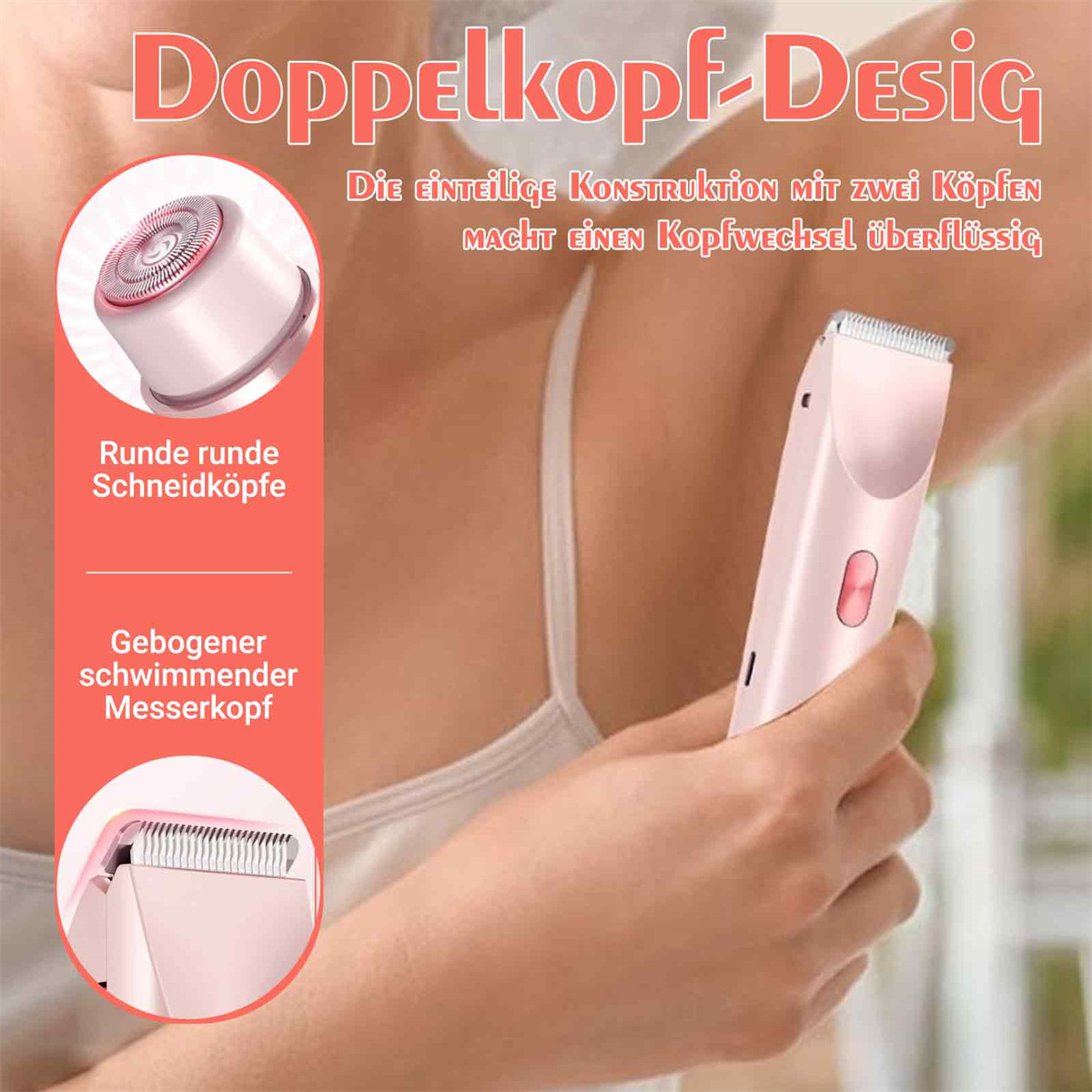 Diagramm eines rosa Rasierers mit Text, einschließlich runder Schneidköpfe und gebogener Klingenköpfe.