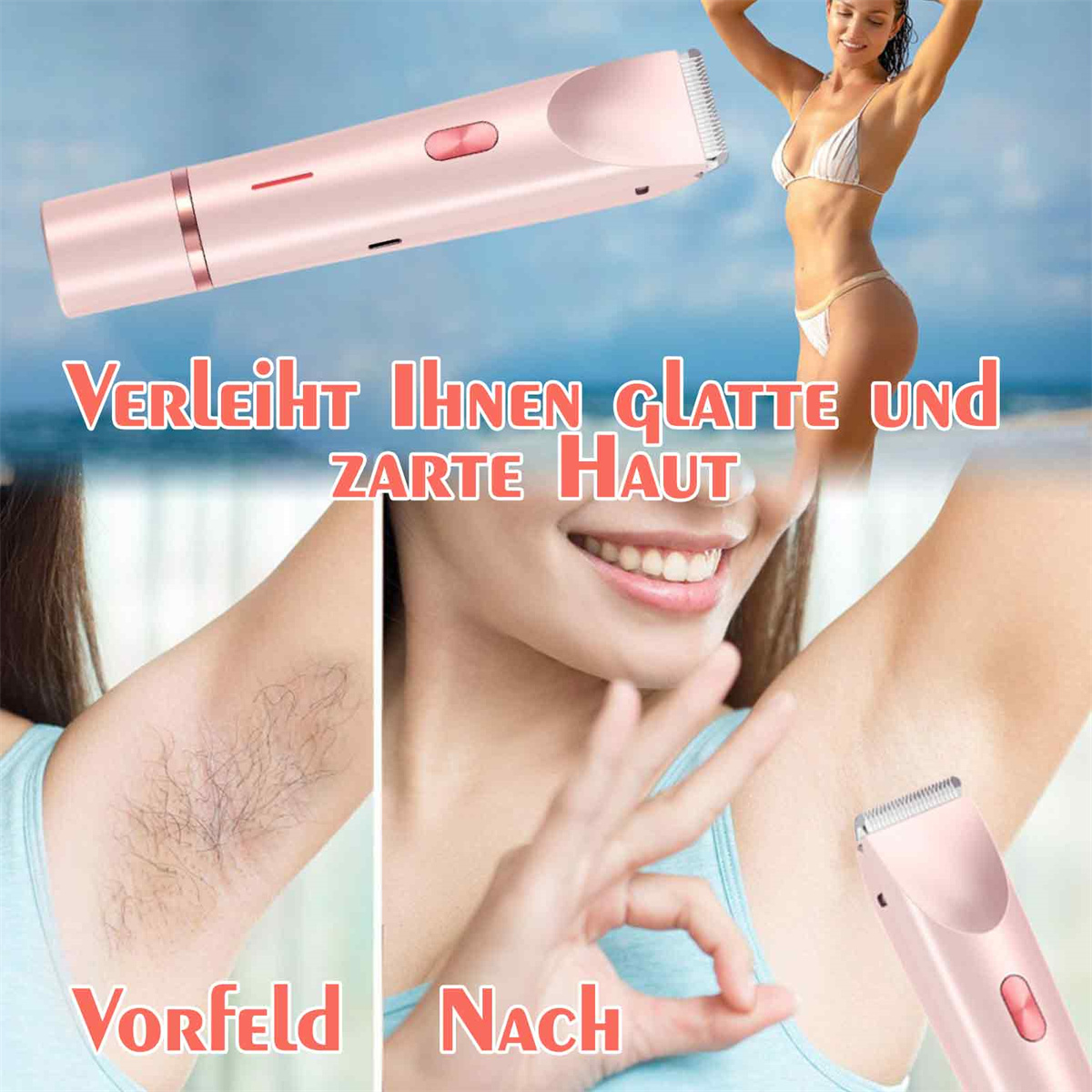Ein Vorher-Nachher-Bild einer Frau, die sich die Achselhöhlen rasiert. Der Text lautet: Verleiht Ihnen glatte und zarte Haut.