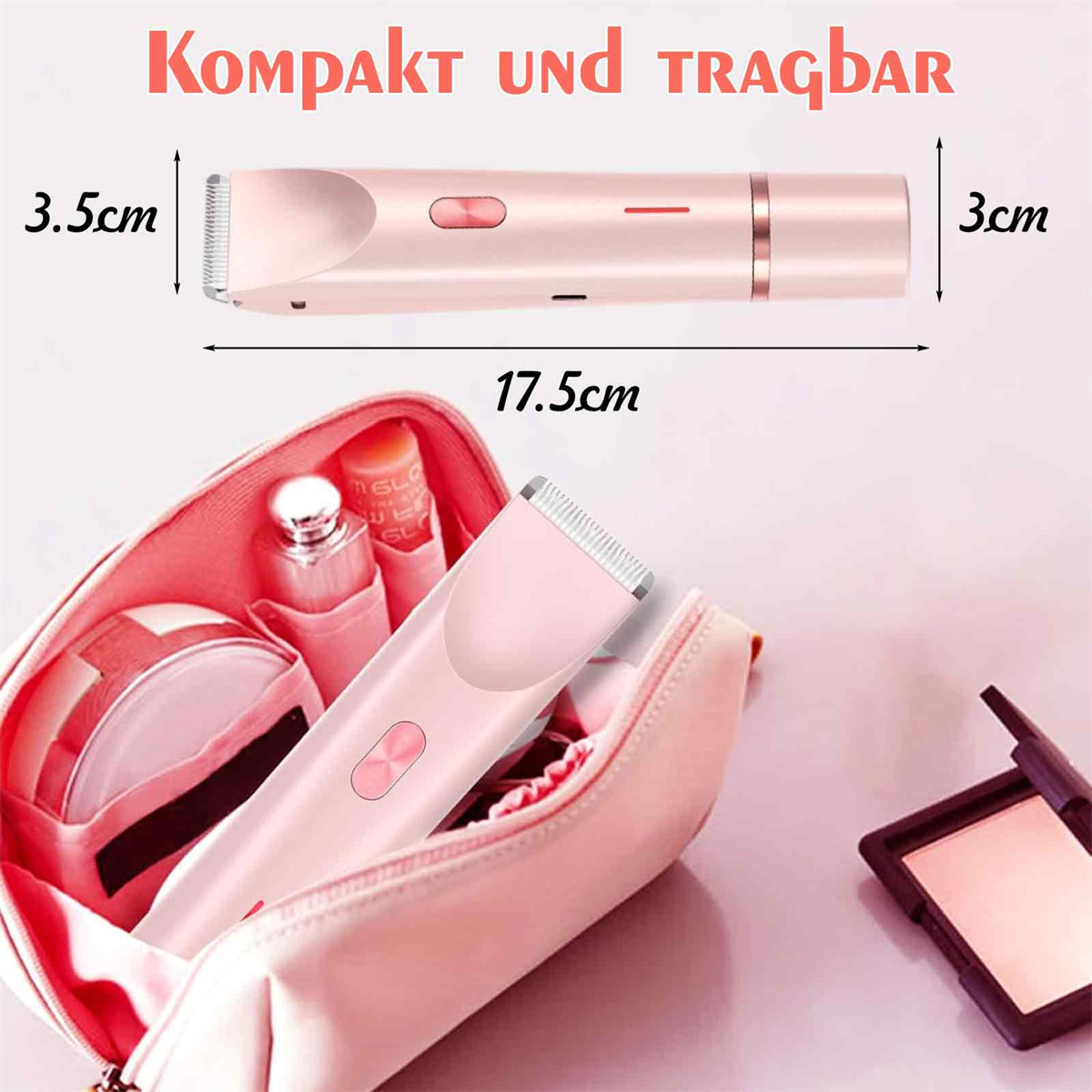 Rosa Rasierer in einer rosa Tasche mit Abmessungen, was auf Tragbarkeit und kompakte Größe hindeutet.