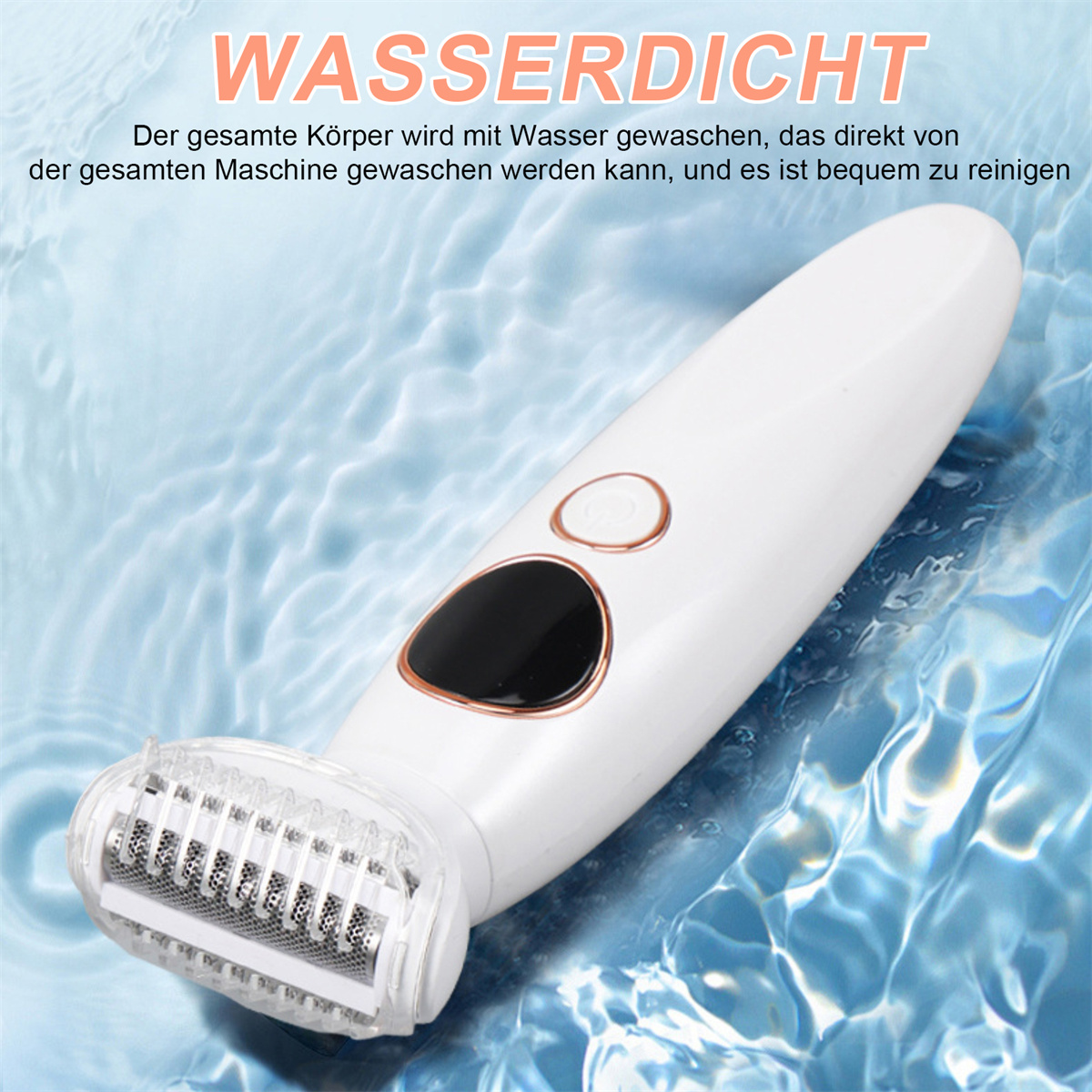 Weißer Elektrorasierer mit wasserähnlichem Hintergrund, der das wasserdichte Design betont.