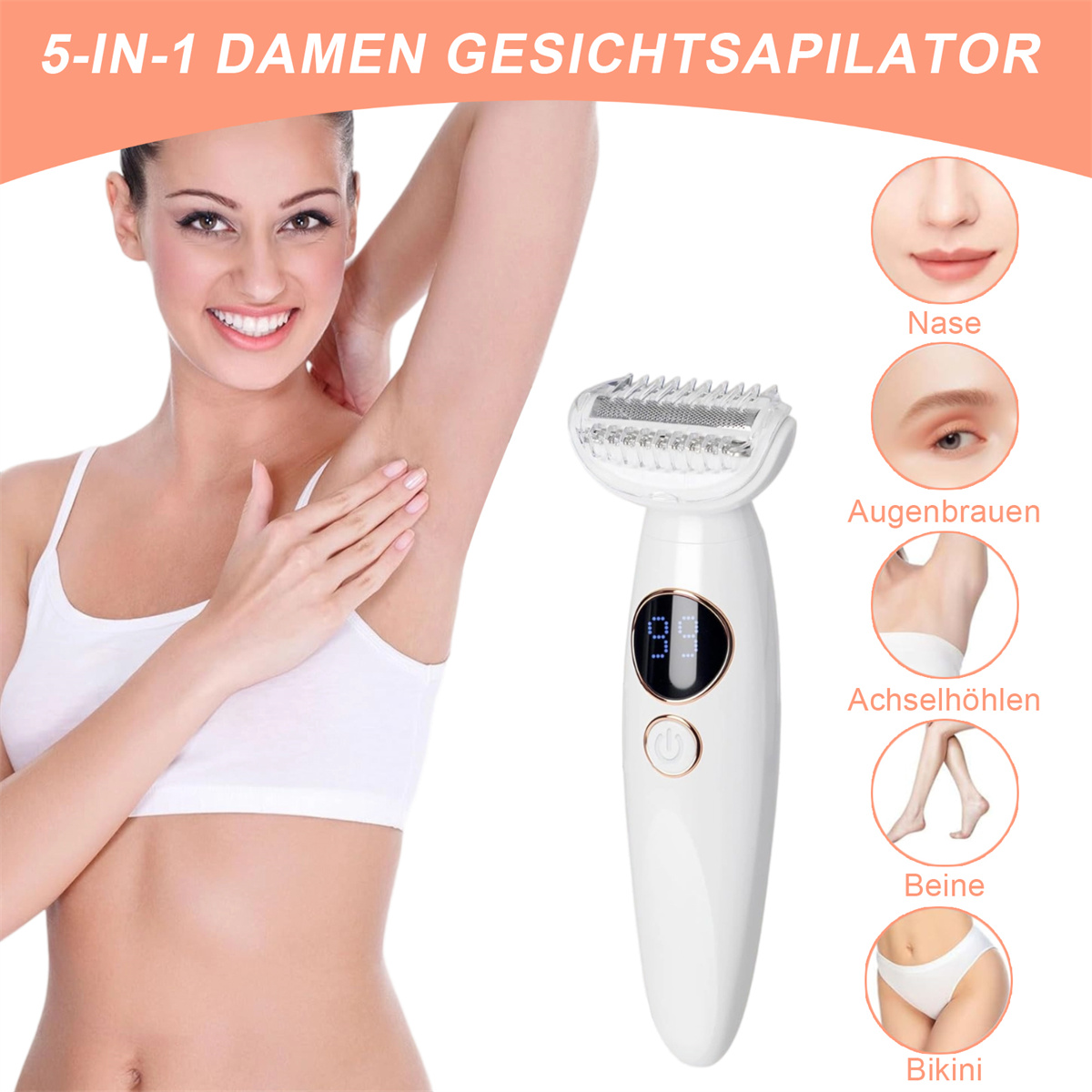 Frau, die einen weißen 5-in-1-Epilierer hält, mit Diagrammen, die Körperbereiche zeigen.
