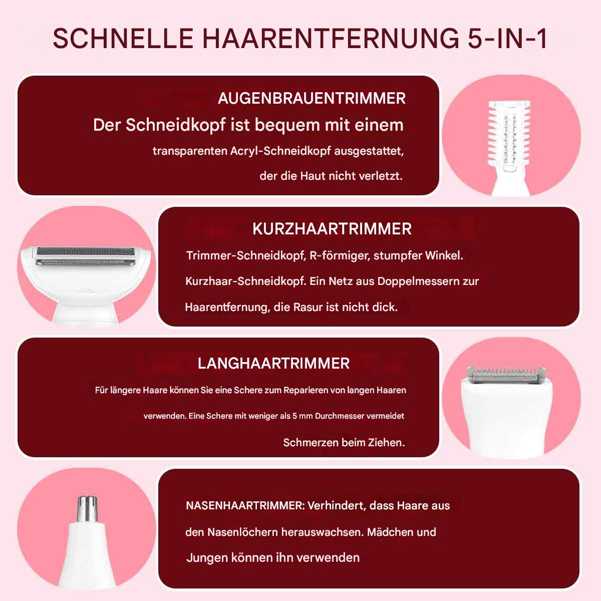 Diagramm mit Texten auf Deutsch zu Haarentfernungswerkzeugen: Augenbrauentrimmer, Kurzhaartrimmer, Langhaartrimmer und Nasenhaartrimmer.