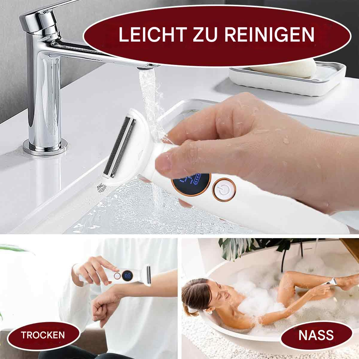 Weißer Elektrorasierer wird unter einem Wasserhahn gereinigt, mit anderen Anwendungsszenarien.