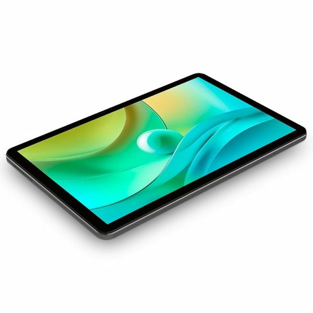 Tablet z czarną ramką i ekranem wyświetlającym zielono-niebieski gradient na białym tle.