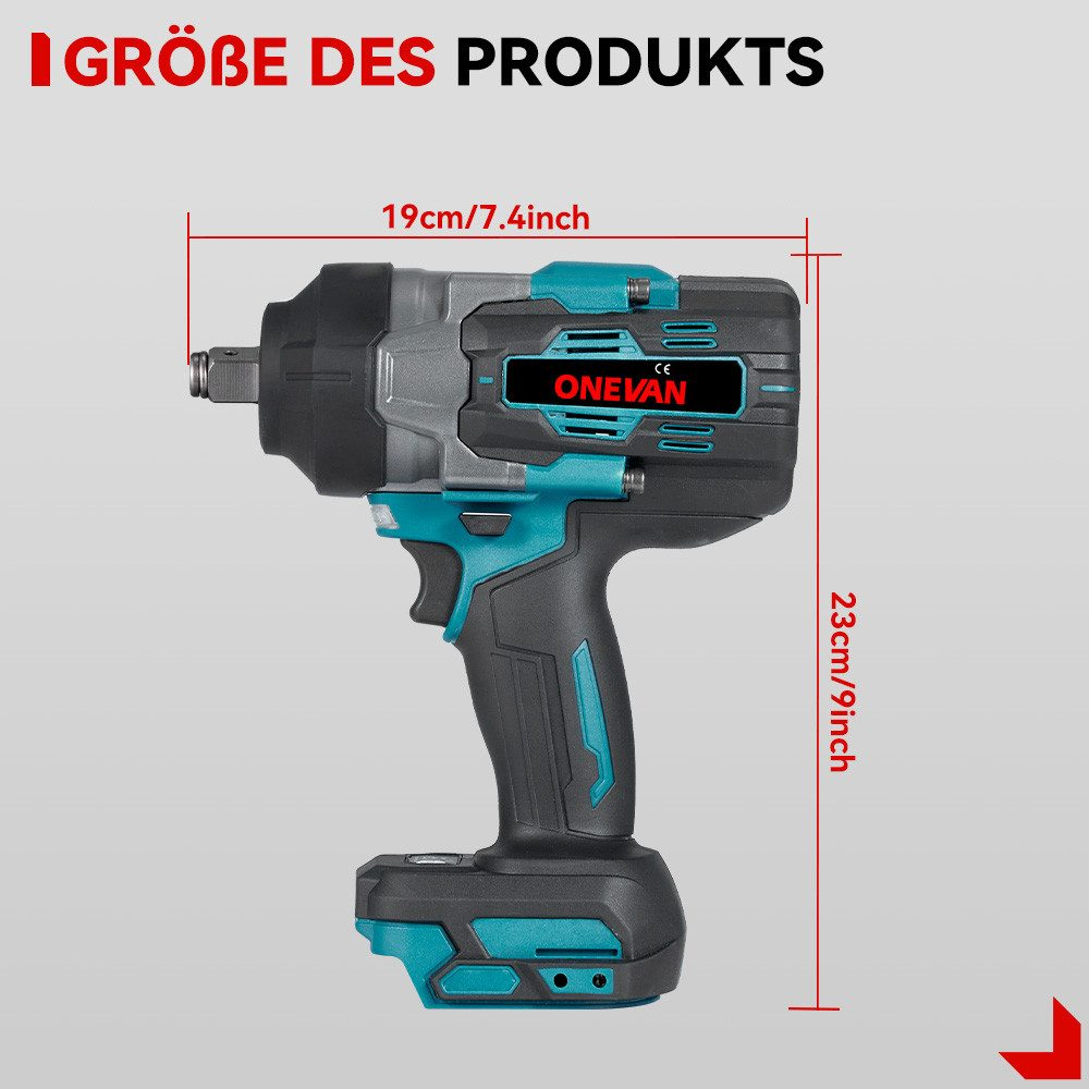 Ein schwarzer und tealfarbener Schlagschrauber mit Abmessungen: 19cm/7.4inch und 23cm/9inch.
