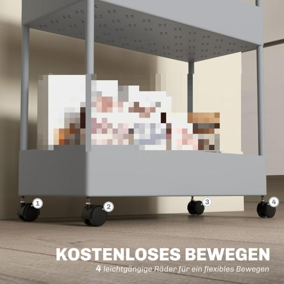 Ein grauer Rollwagen mit drei Regalen, mit Kartons auf den Regalen. Der Wagen hat vier schwarze Räder.