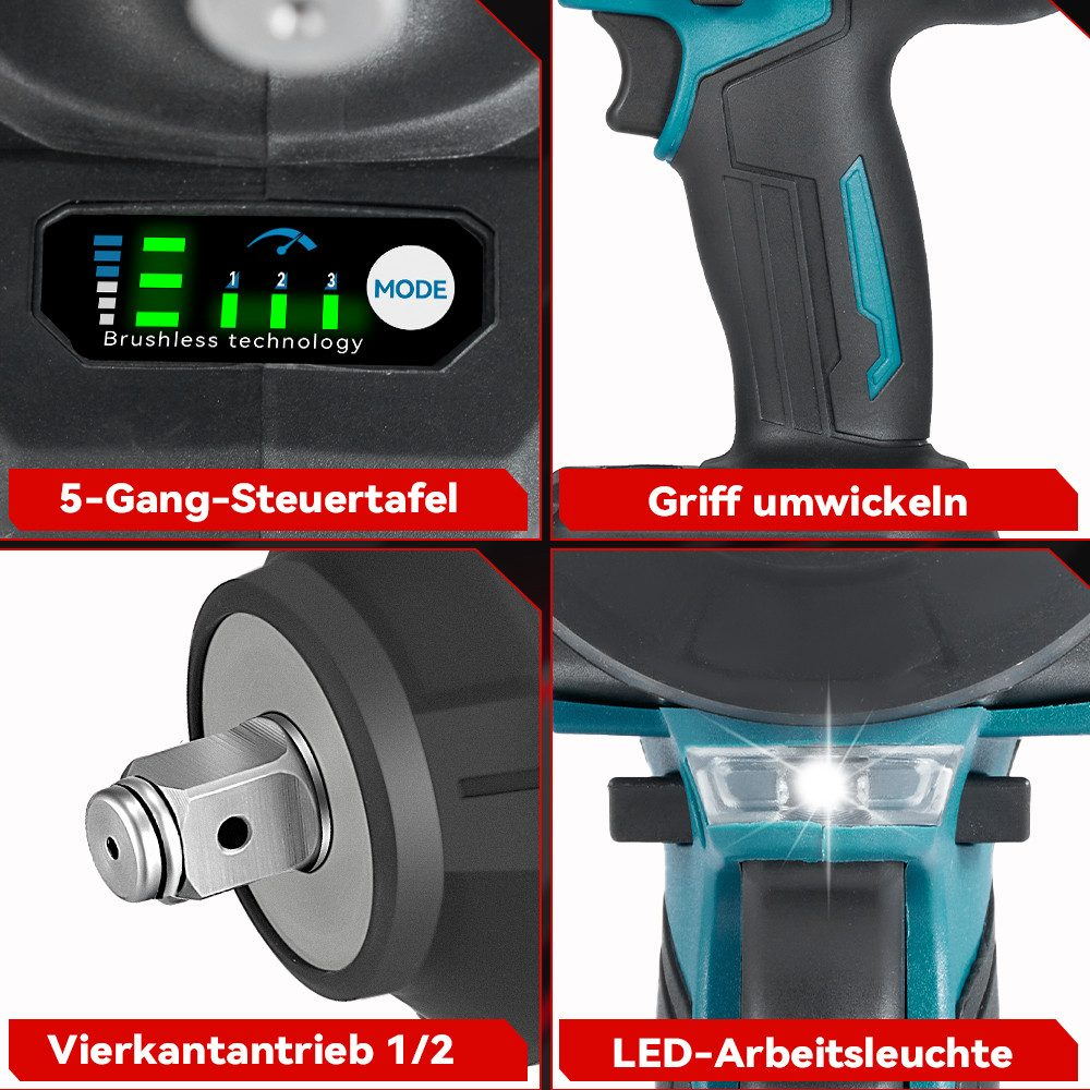 Nahaufnahmen des Schlagschraubers, die das Bedienfeld, den Griff und die LED-Leuchte zeigen.