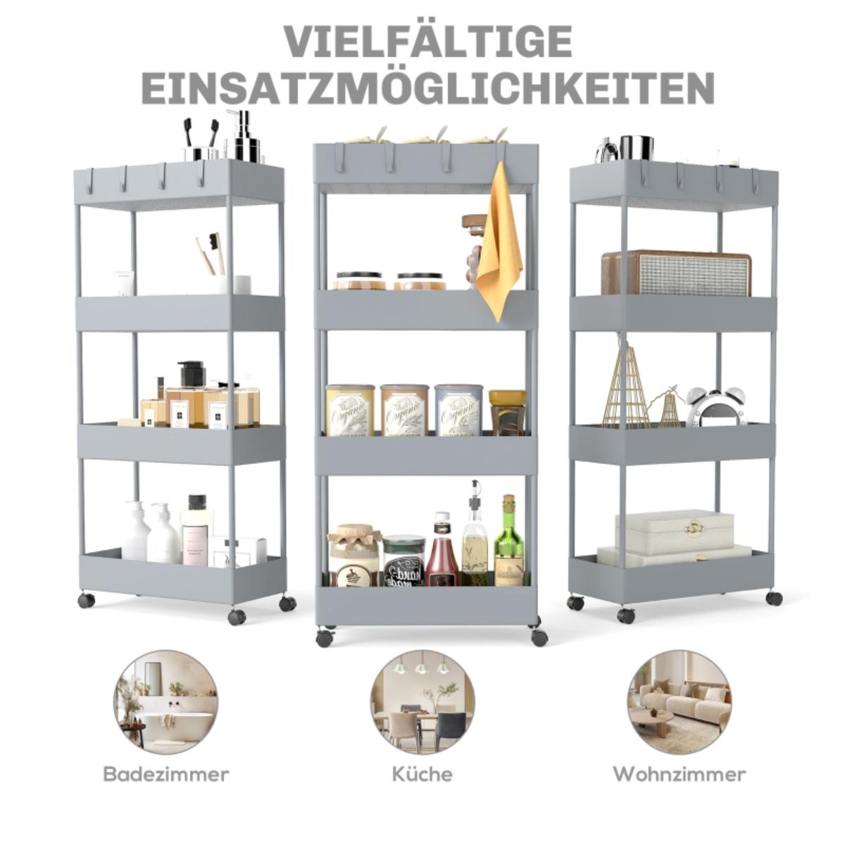 Drei graue Rollwagen mit verschiedenen Gegenständen auf Regalen, die verschiedene Anwendungen im Bad, in der Küche und im Wohnzimmer vorschlagen.