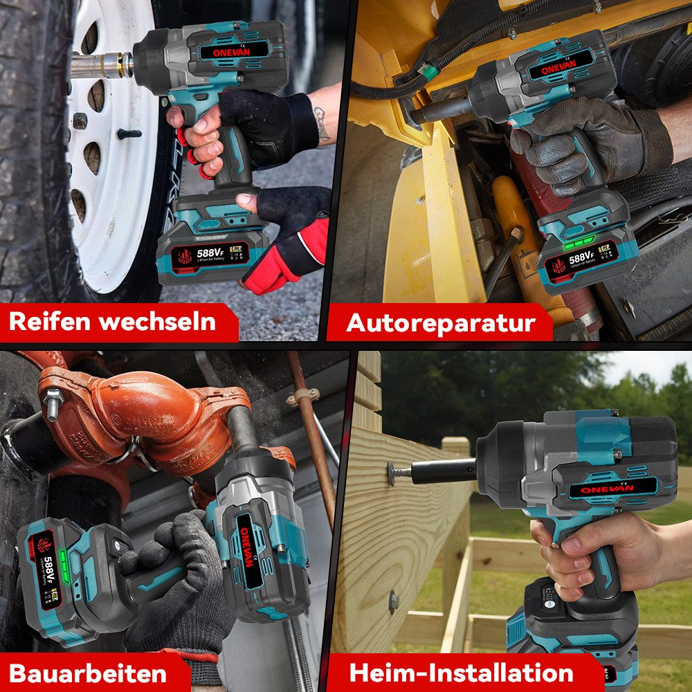 Collage, der den Einsatz des Schlagschraubers beim Reifenwechsel, bei der Autoreparatur, beim Bauen und bei der Hausinstallation zeigt.