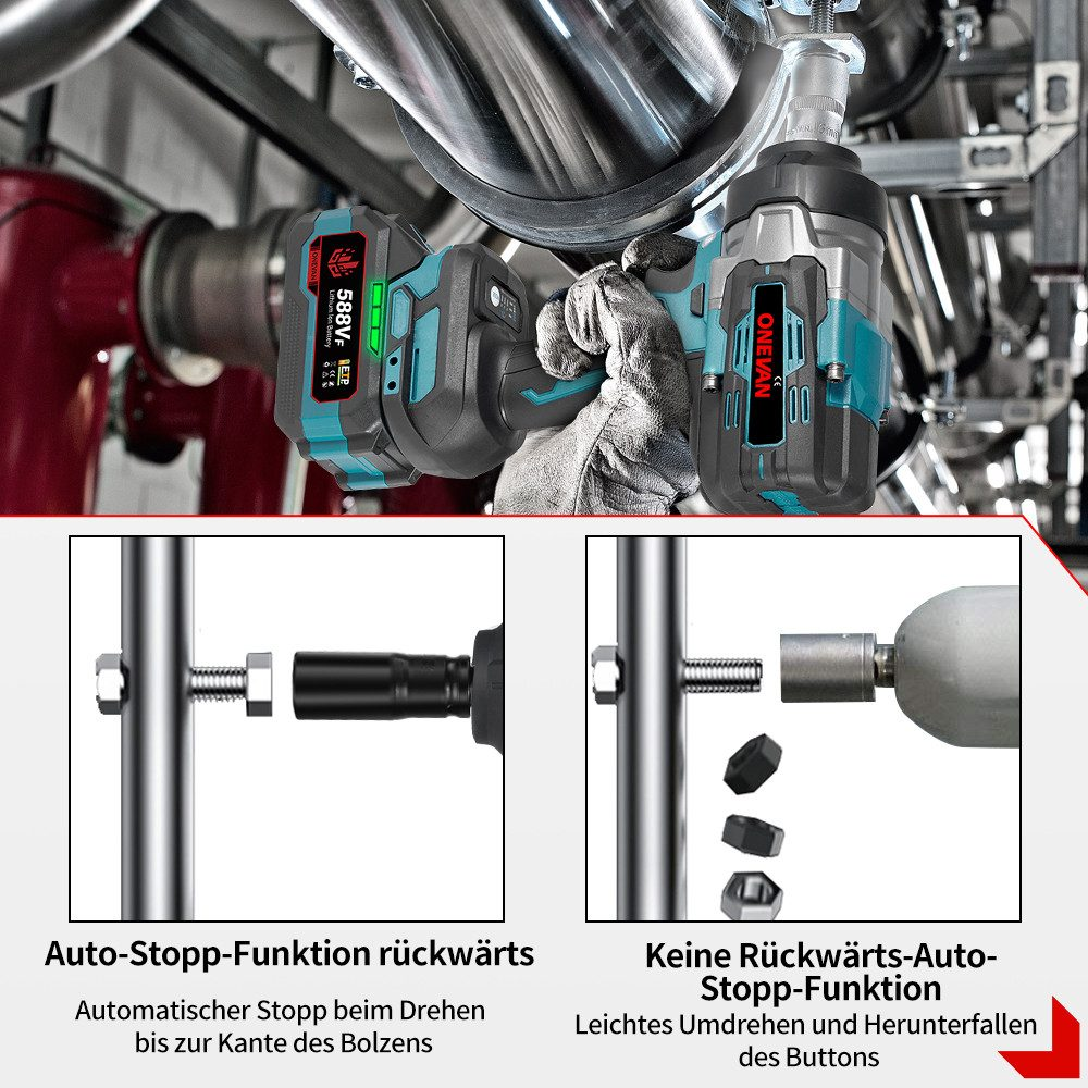 Zwei Akku-Schlagschrauber mit Diagrammen, die Auto-Stopp- und Nicht-Auto-Stopp-Rückwärtsfunktionen zeigen.