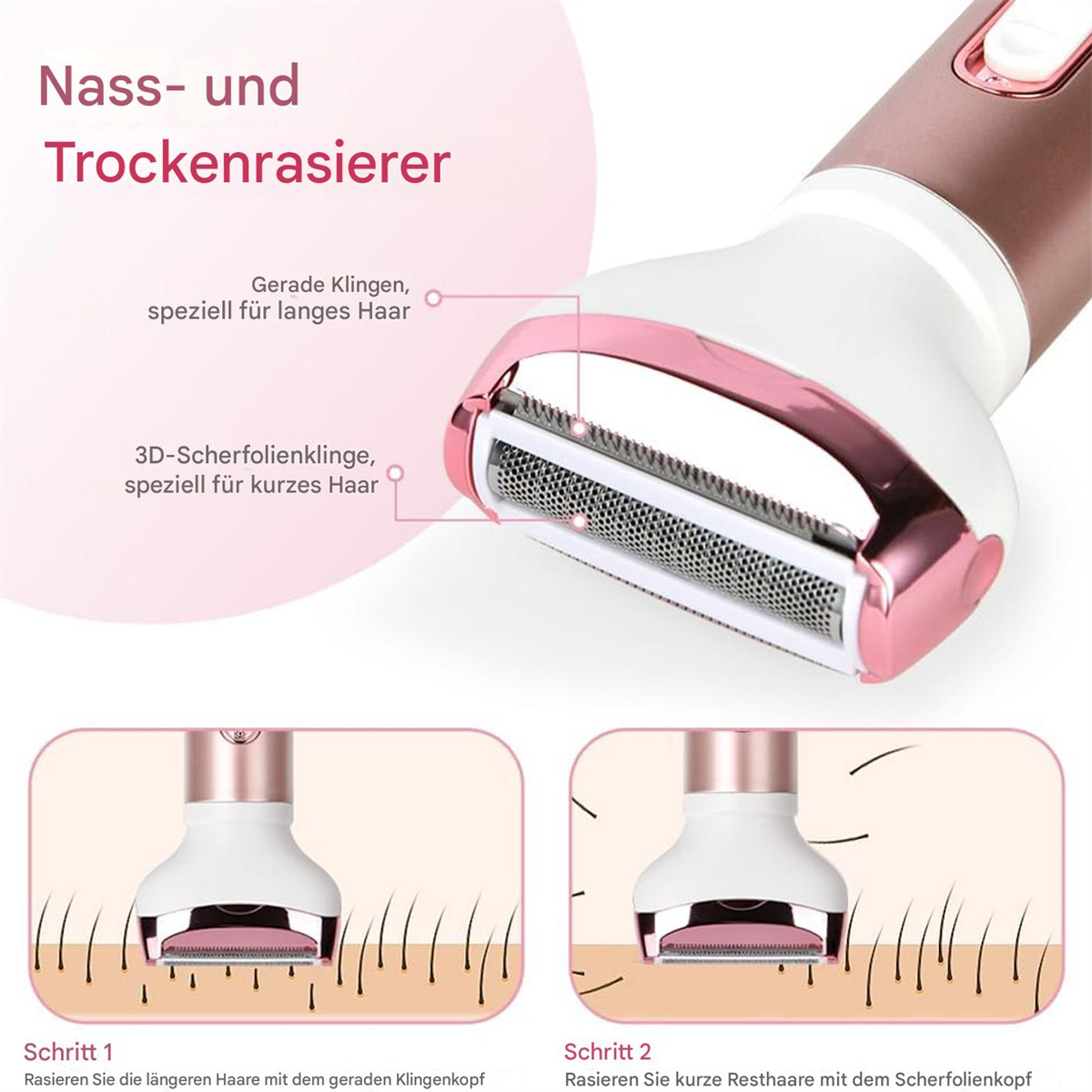 Nahaufnahme eines Nass- und Trockenrasiererkopfes mit zwei Diagrammen, die den Rasierprozess mit langen und kurzen Klingen zeigen.