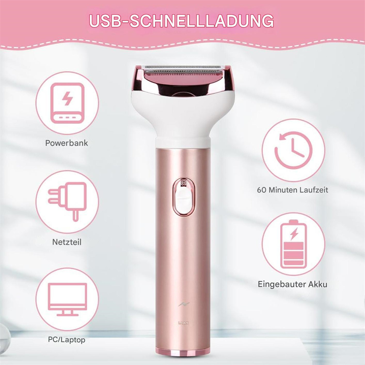 Ein roségoldenes elektrisches Pflege-Set mit Symbolen für USB-Aufladung, Powerbank und Akkulaufzeit.
