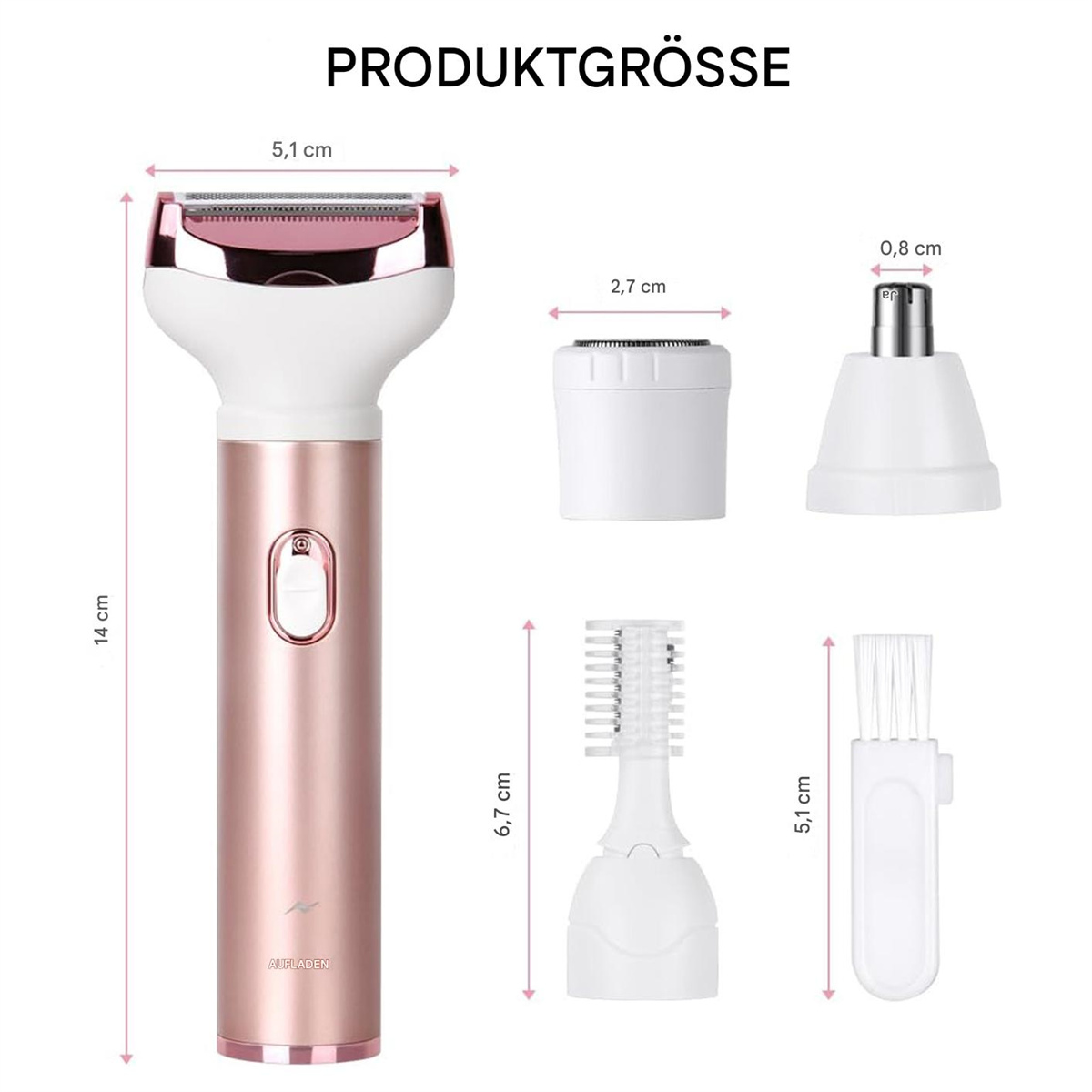 Ein elektrisches Pflege-Set mit Abmessungen: 14 cm hoch, 5,1 cm breit und verschiedenen Aufsatzgrößen.