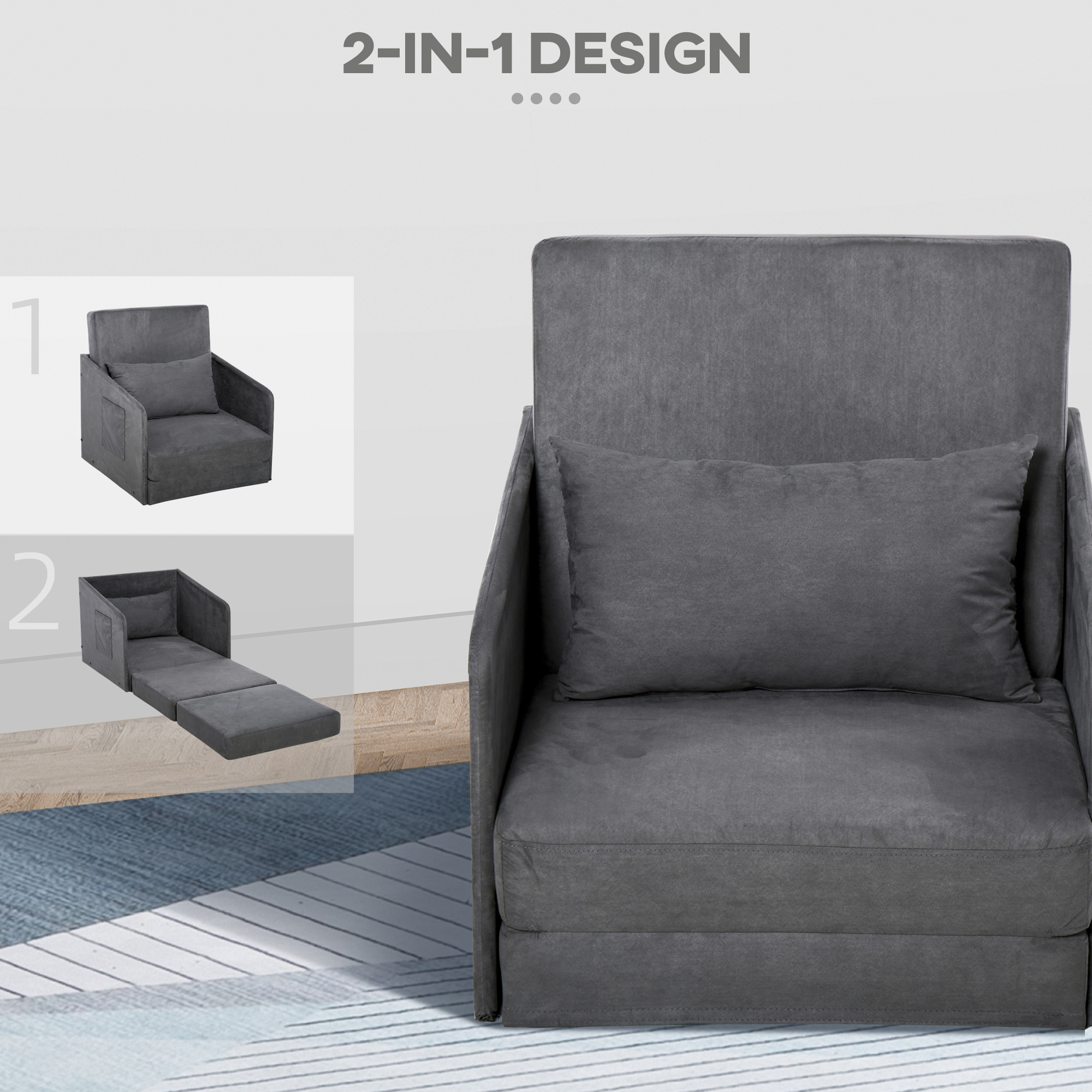 Ein grauer Cabrio-Stuhl in zwei Formen: als Stuhl und ausgeklappt als Bett, auf einer blauen Oberfläche.