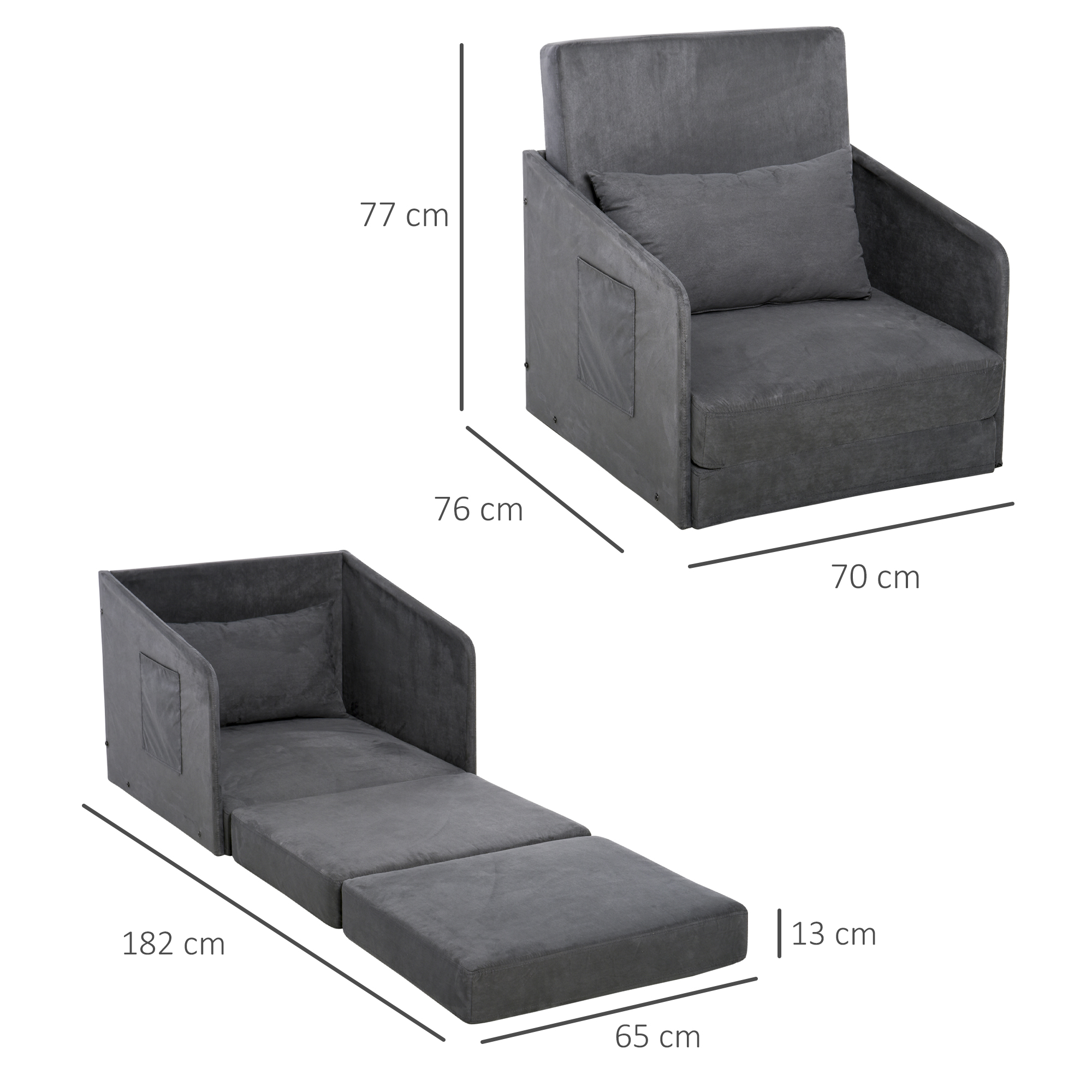 Ein graues Konvertierbares Sofa in zwei Konfigurationen: gefaltet und entfaltet, mit Maßangaben.