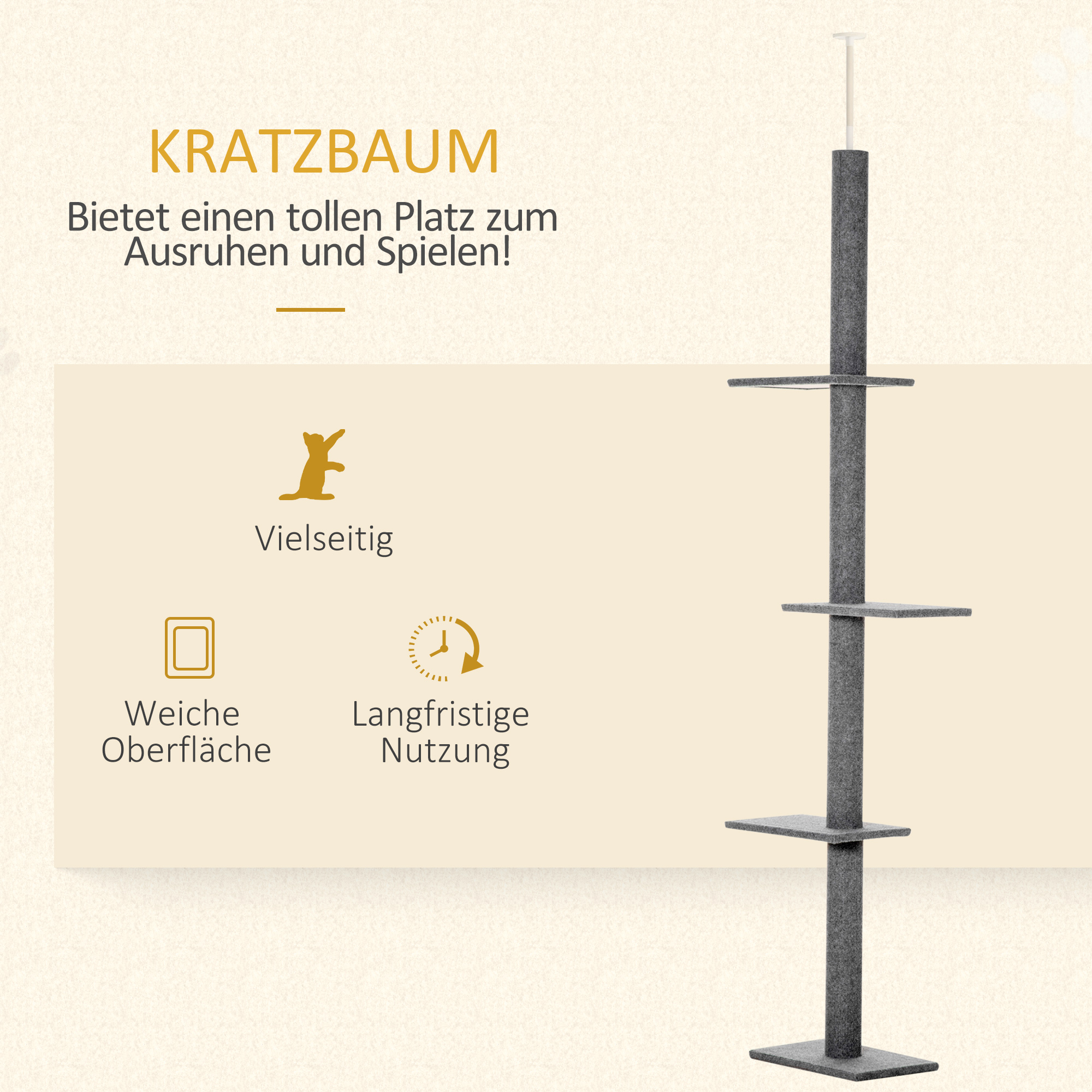 Ein hoher, grauer Kratzbaum mit mehreren Plattformen. Es hat einen hellfarbigen Hintergrund mit Text.