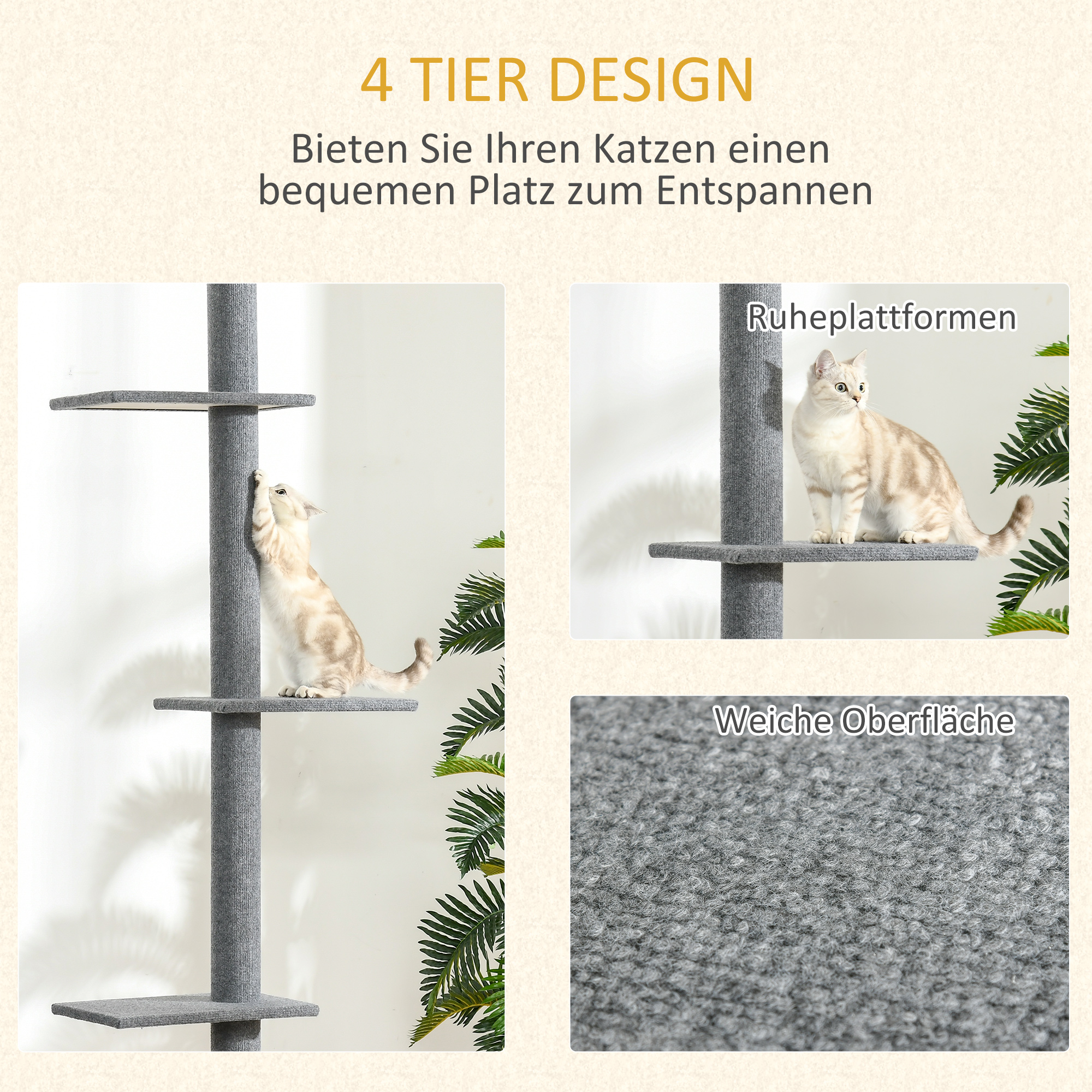 Ein 4-stöckiger Katzenbaum mit Katzen, die damit interagieren. Das Bild enthält auch Nahaufnahmen der Oberfläche.