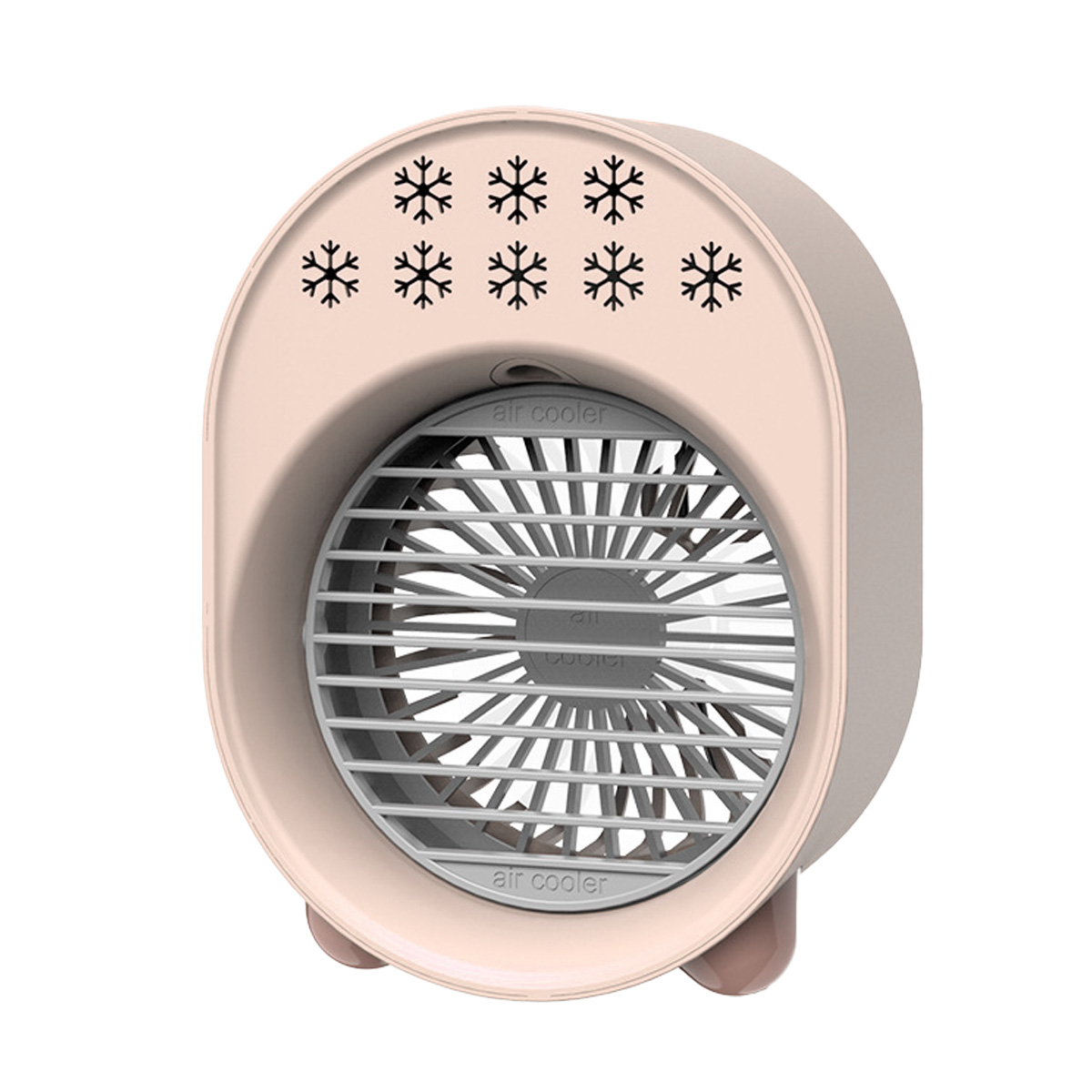Ein kleiner rosa-weißer Luftkühler mit Ventilator, mit Schneeflocken-Symbolen, auf weißer Oberfläche.