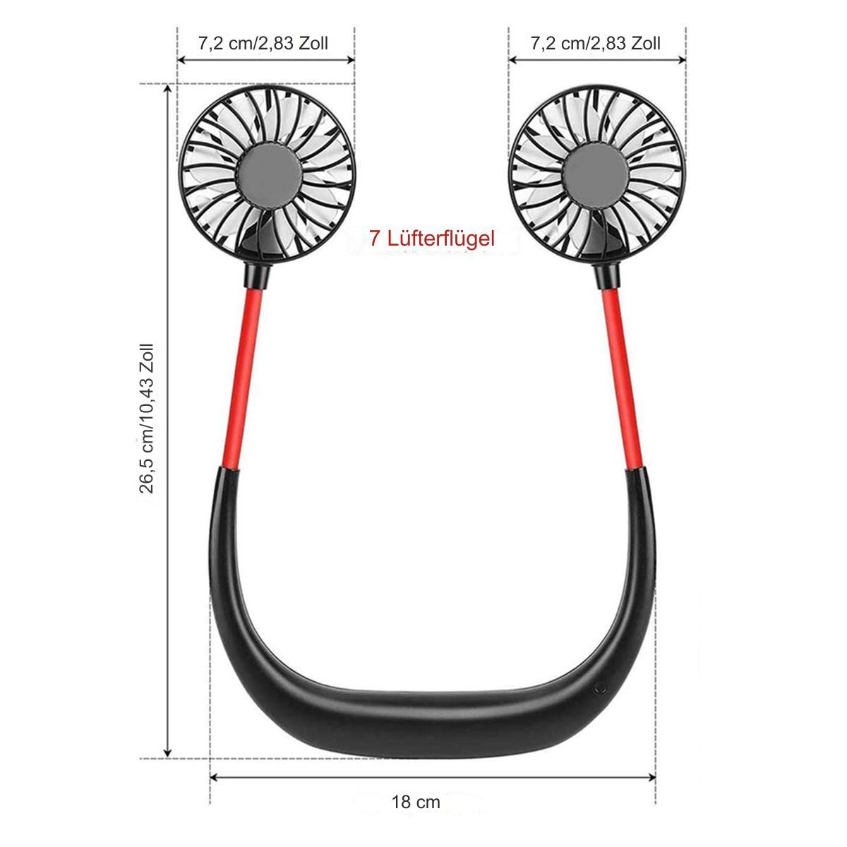 Ein schwarzer Nackenventilator mit zwei Lüftern und roten Akzenten, mit Maßangaben.